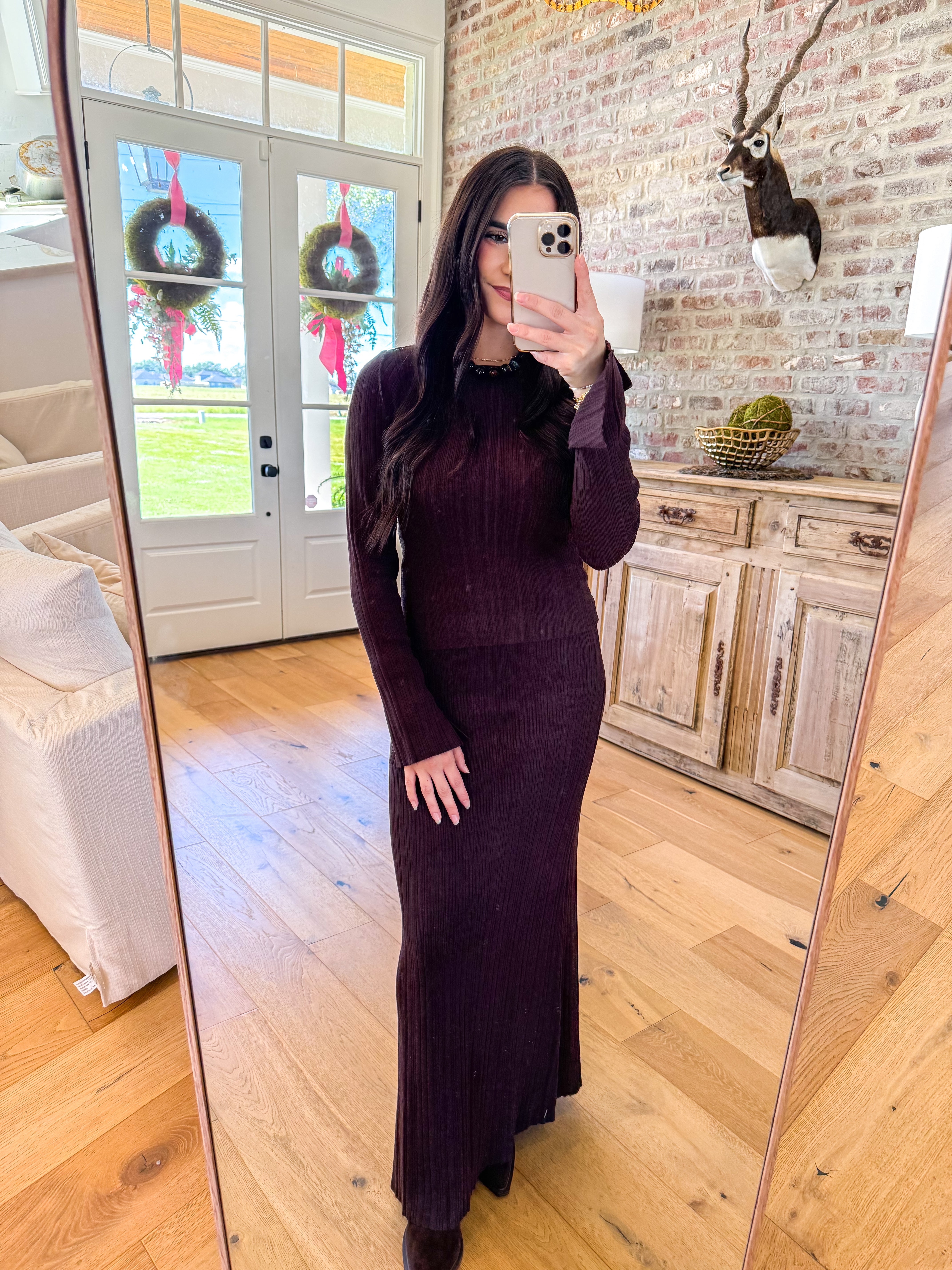 Drea Rib Knit Chocolate Skirt Set
