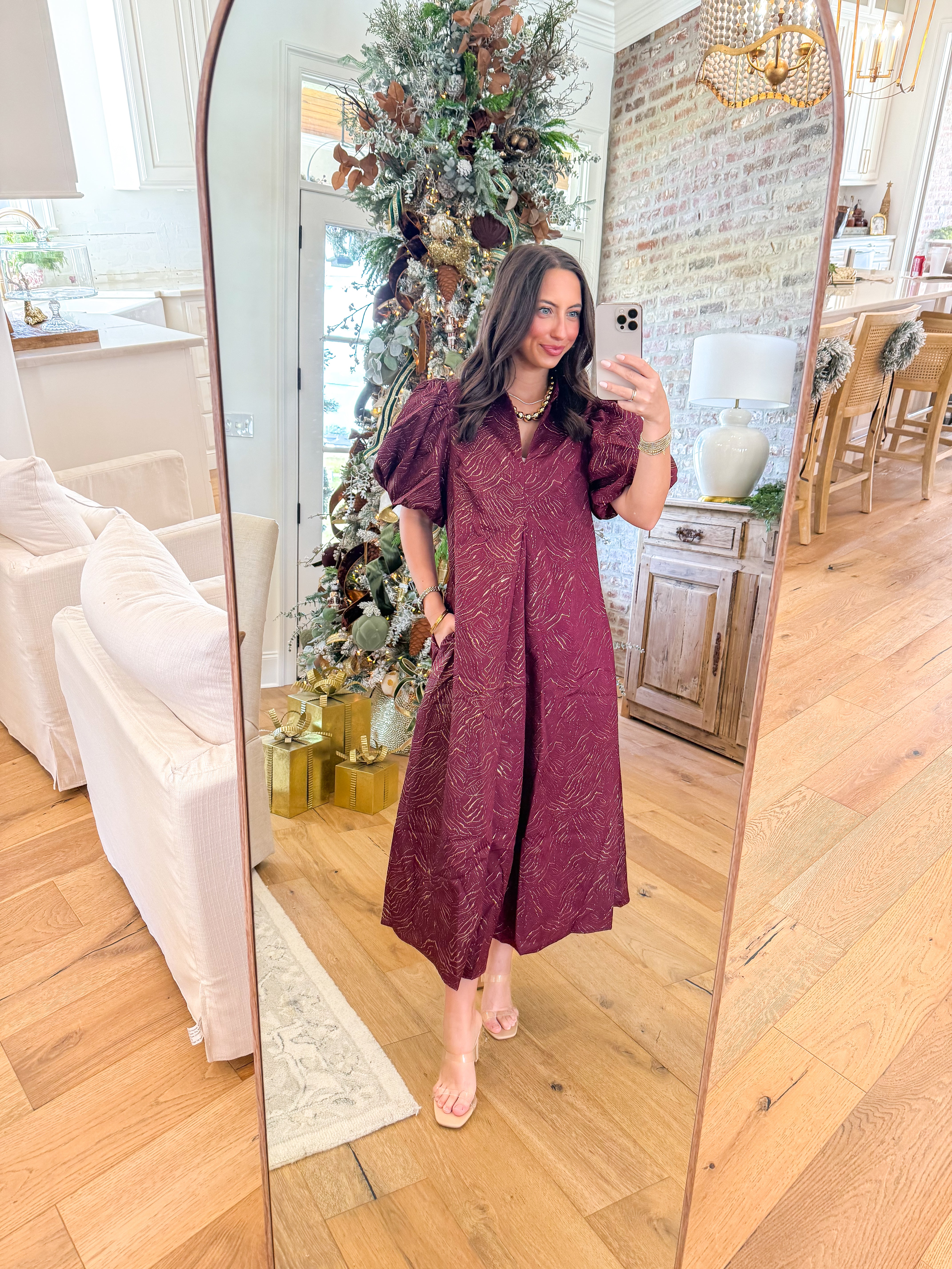 The Burgundy Lurex Puff Sleeve Midi Dress