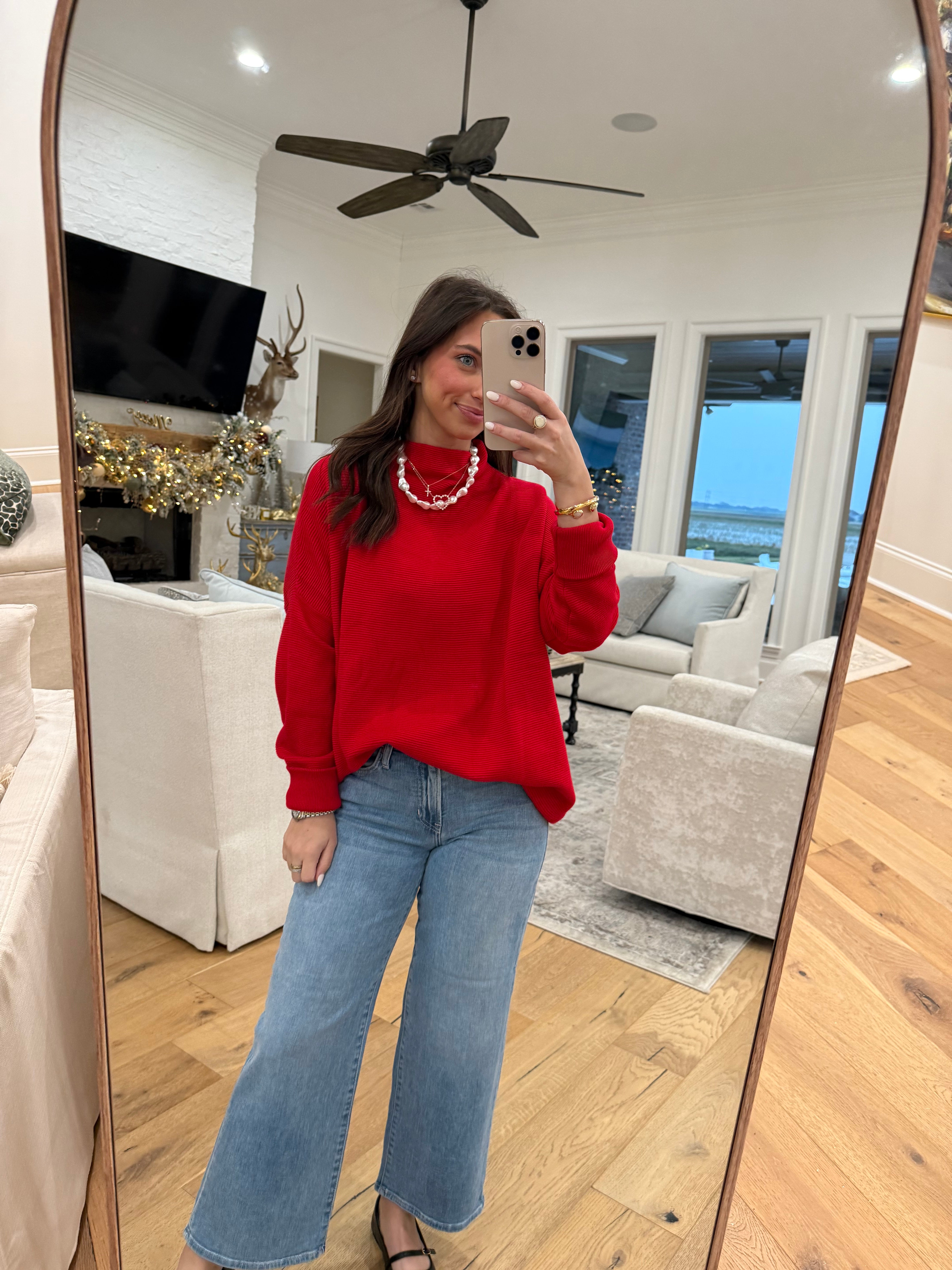 Red Oversized Textured Sweater Tunic