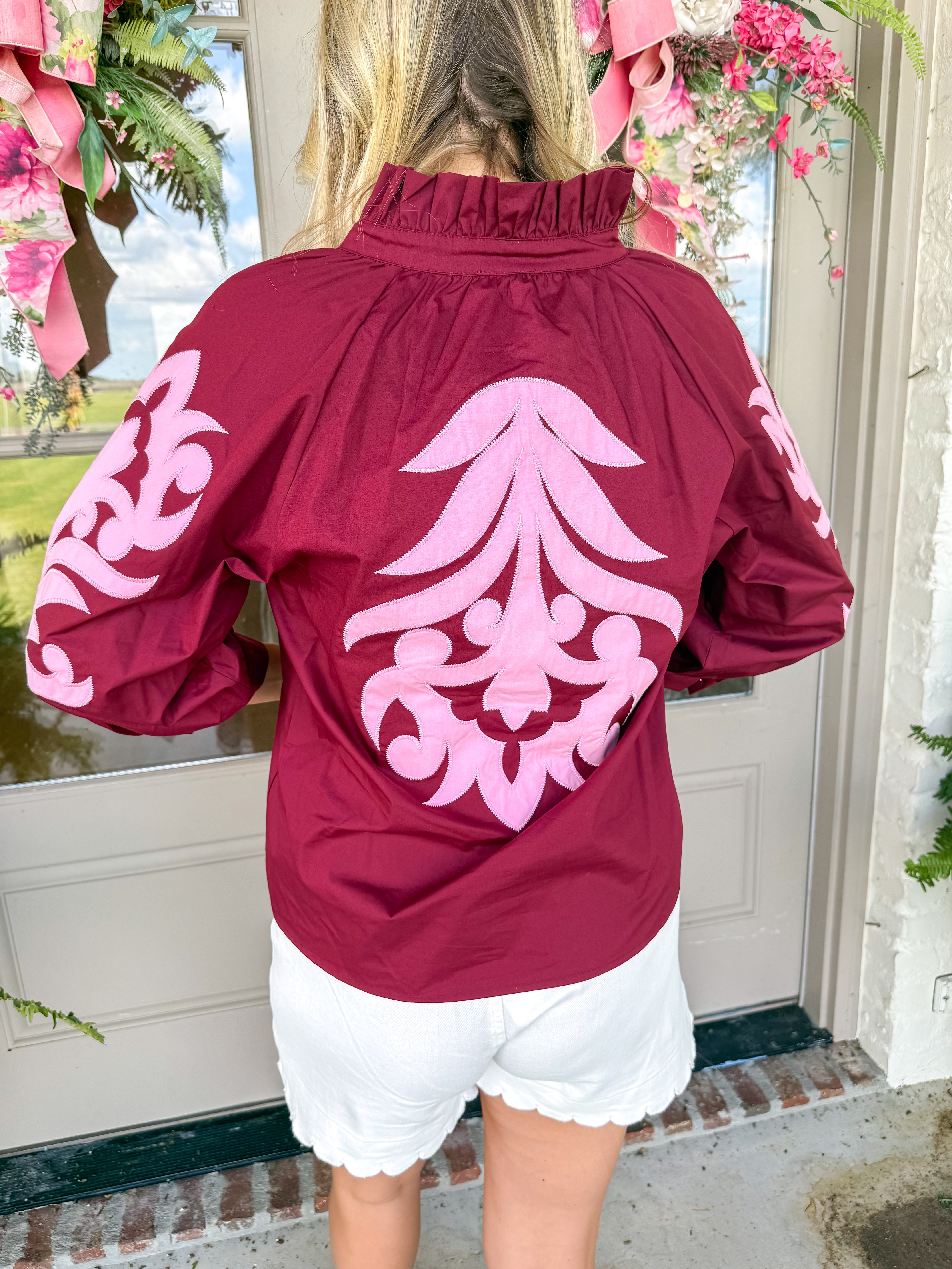 Burgundy Baroque Appliqué Blouse