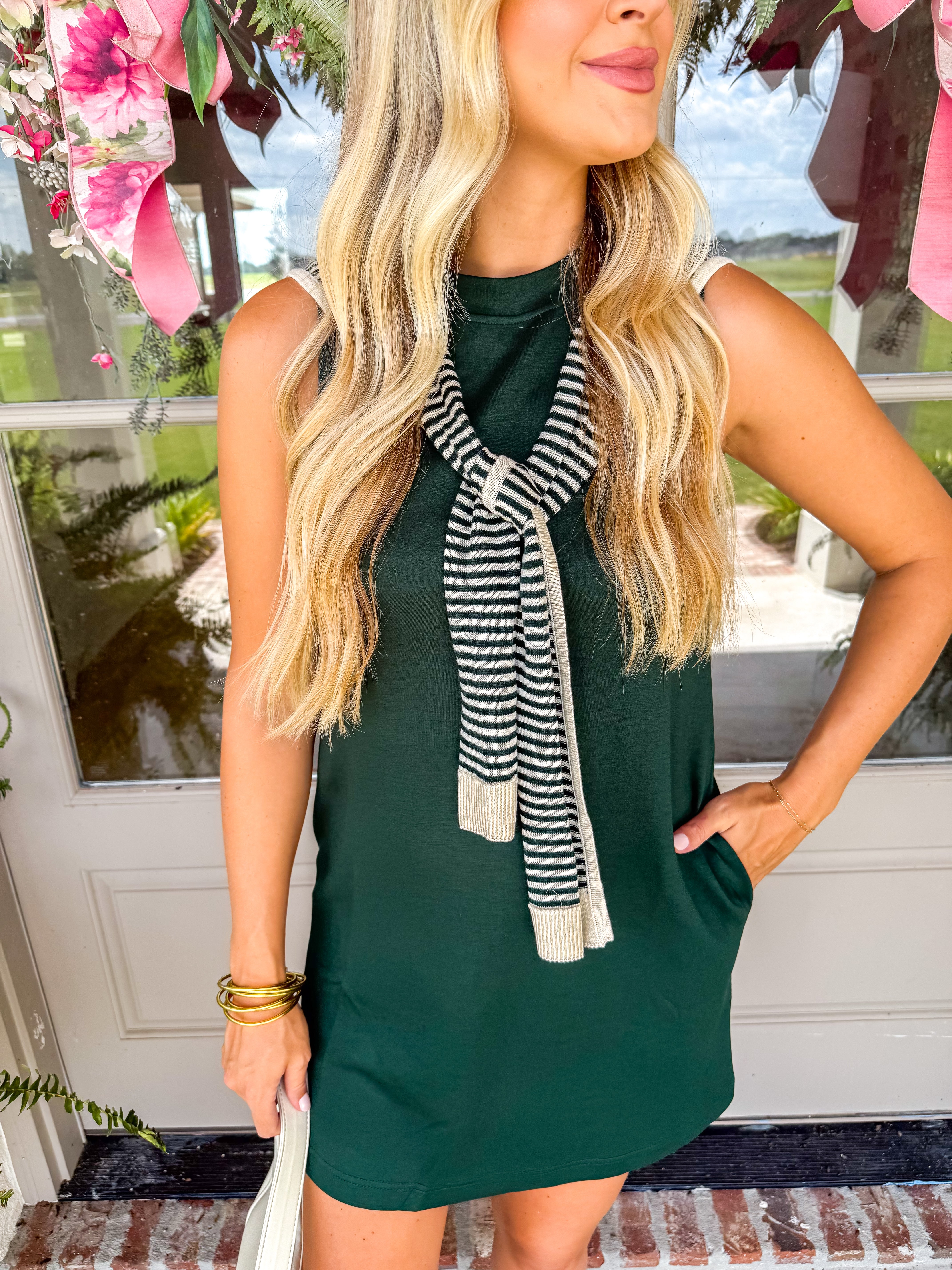 The Cozy-Up Scarf Swing Dress Hunter Green