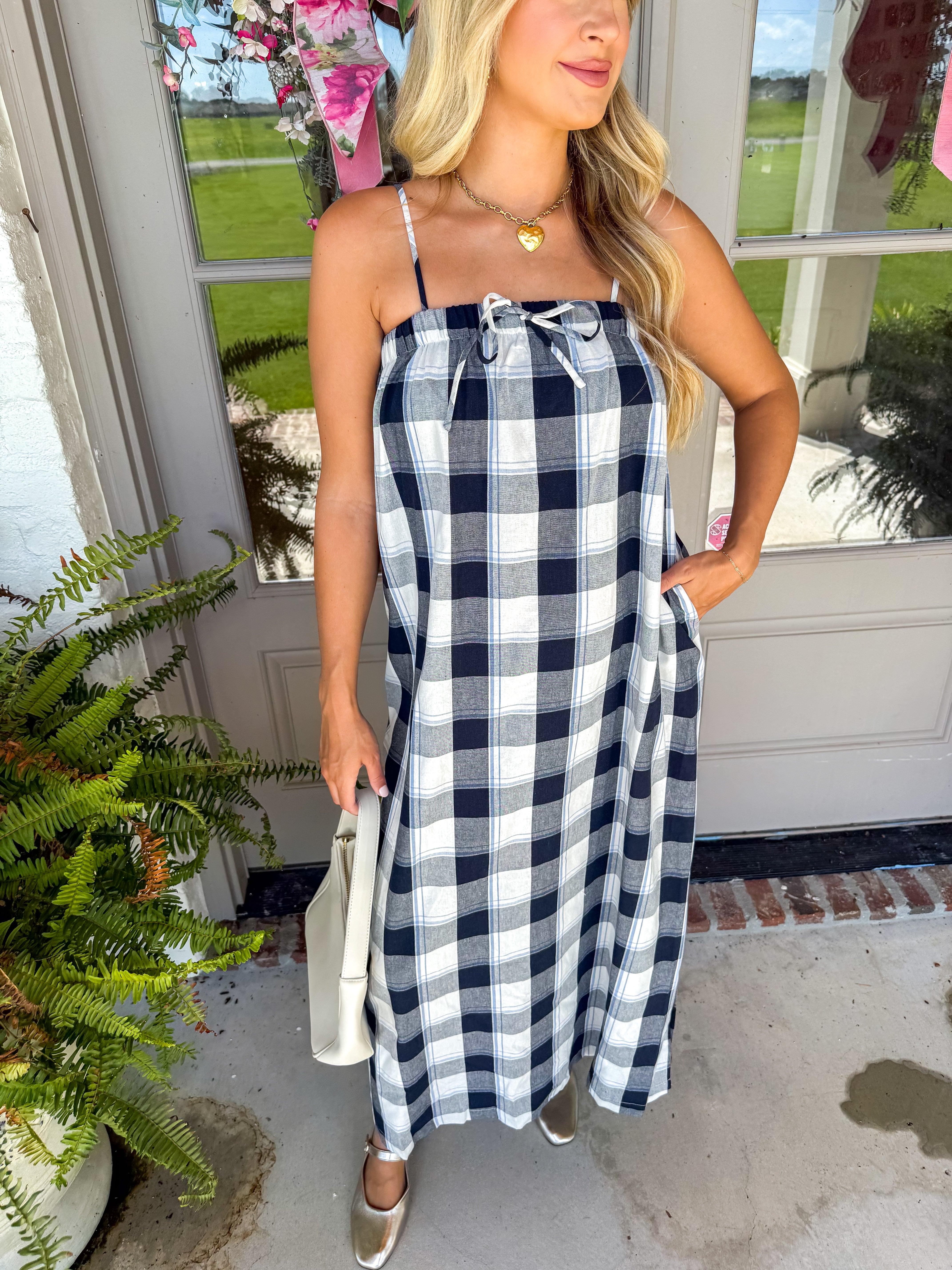 Navy Gingham Tie-Front Maxi Dress