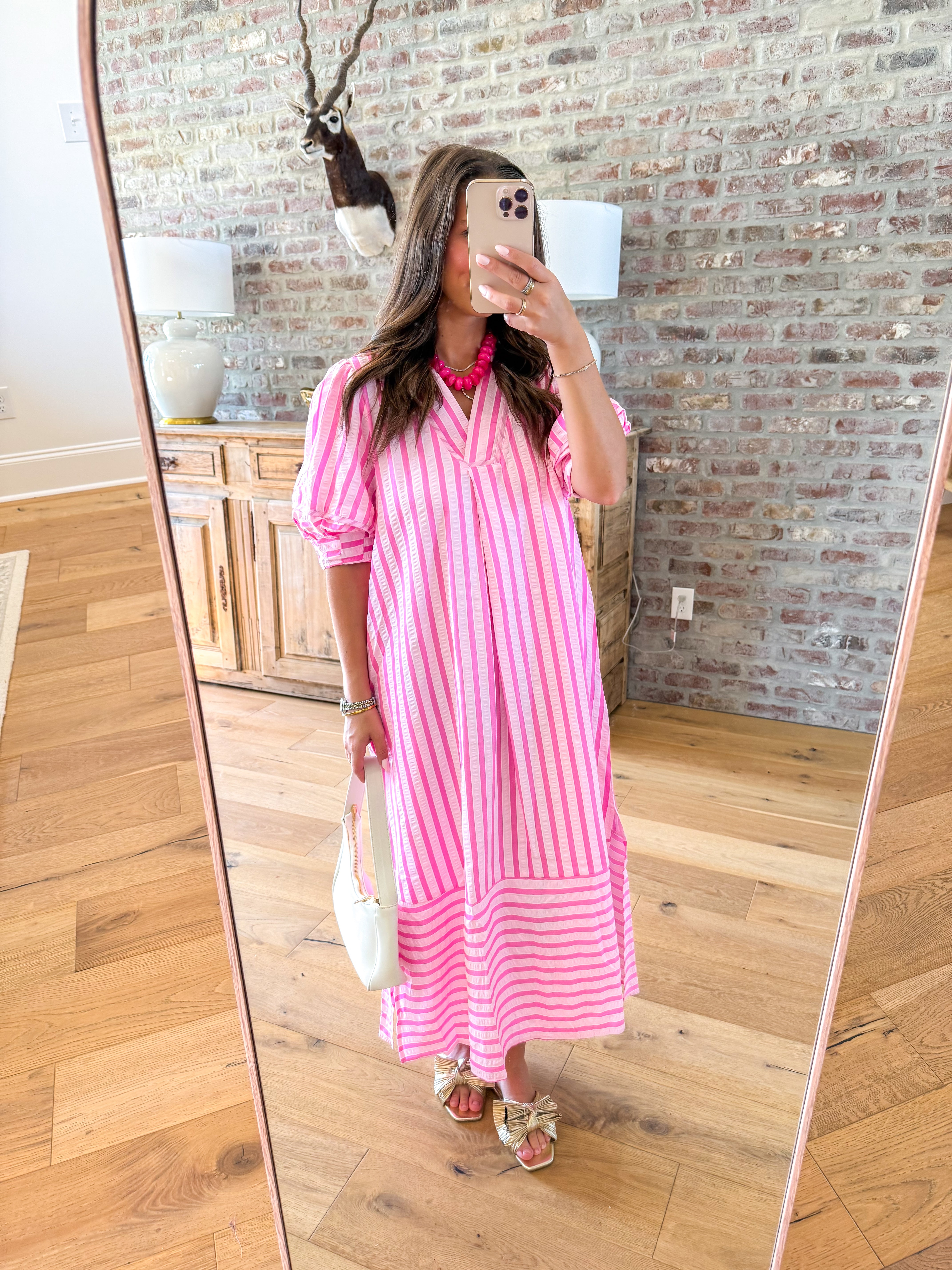 Coastal Stripe Puff Sleeve Midi Peony