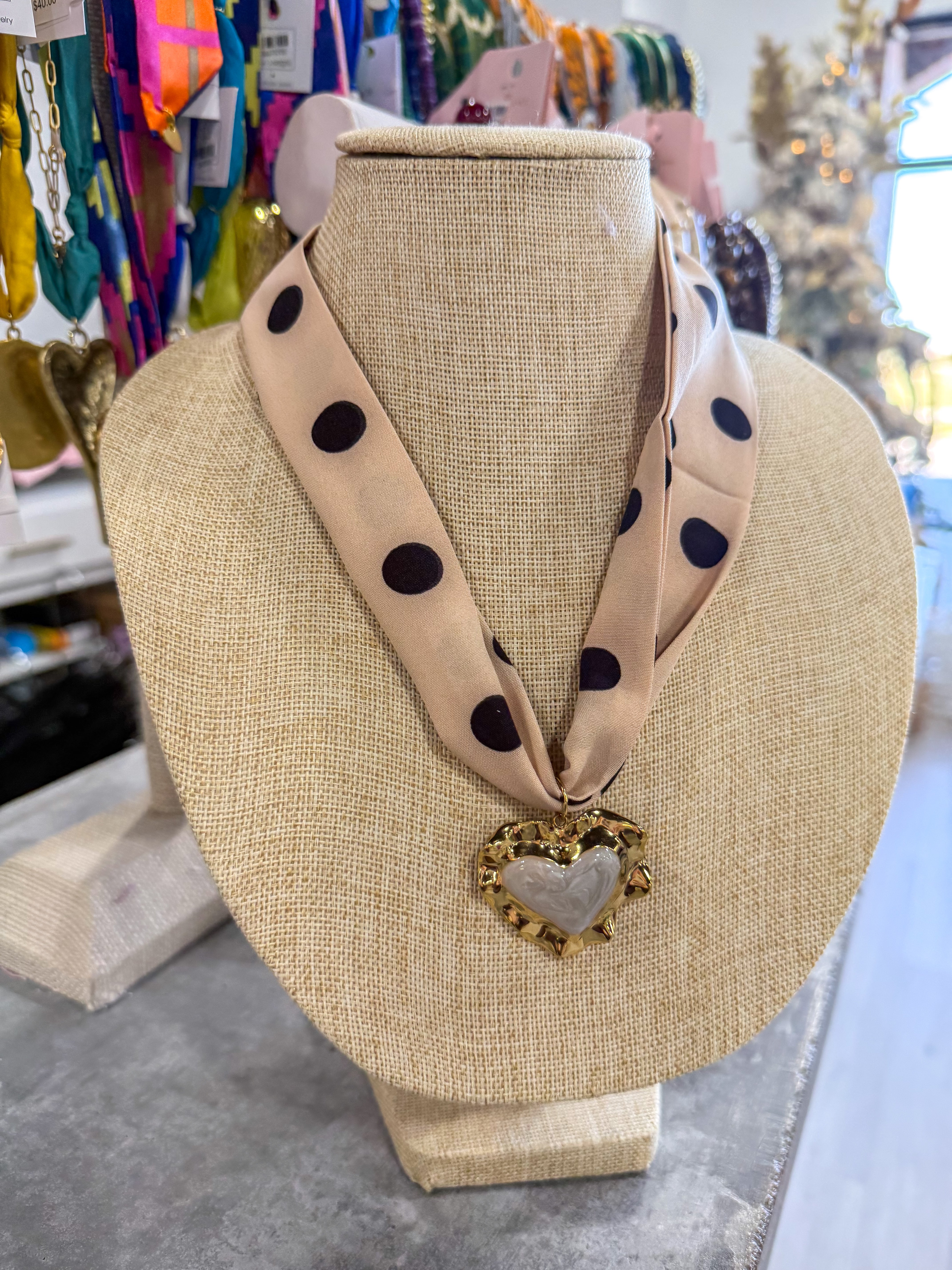 Small Heart Tan & Black Polka Dot Scarf Necklace