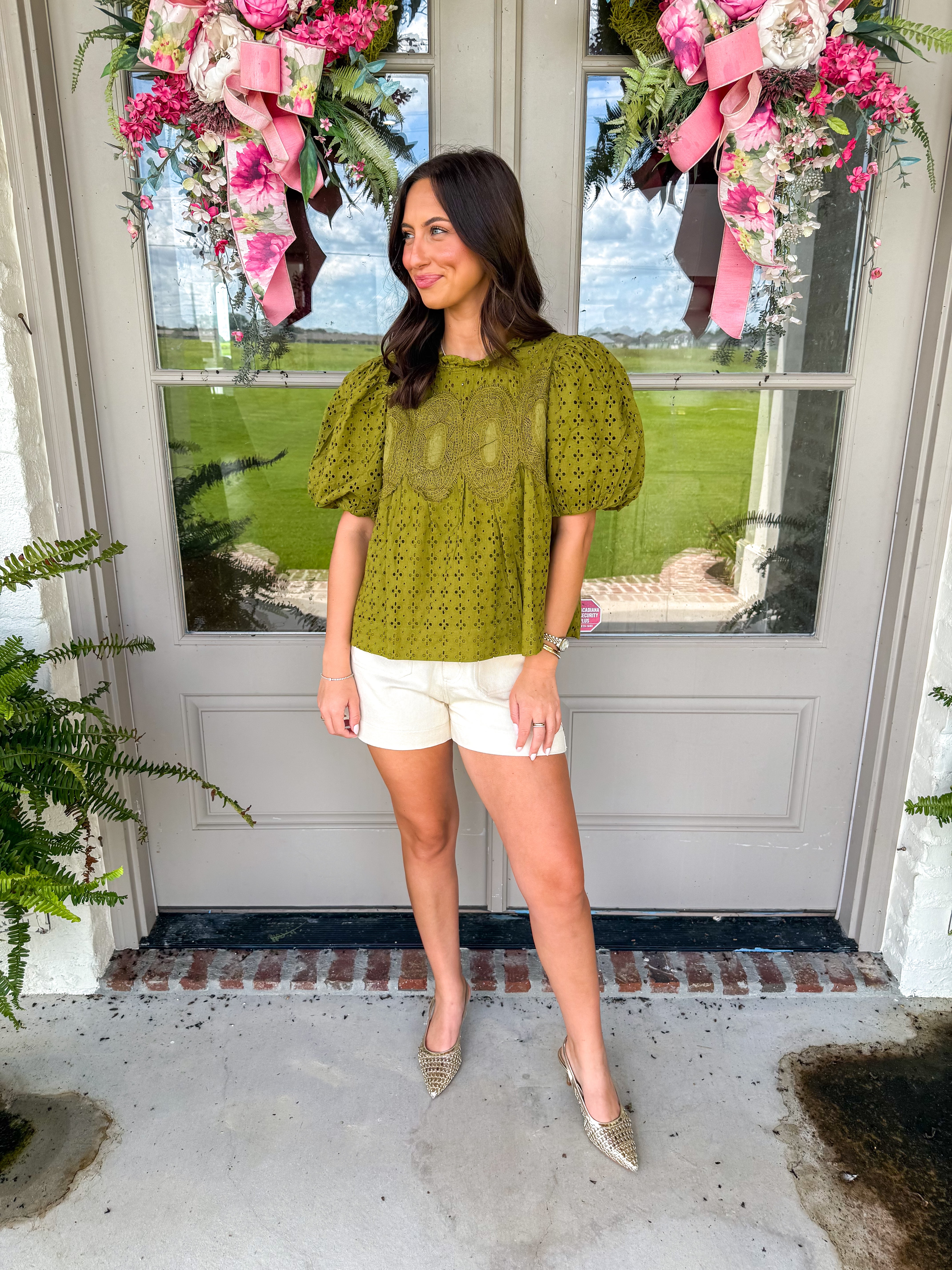 Olive Eyelet Puff Sleeve Top