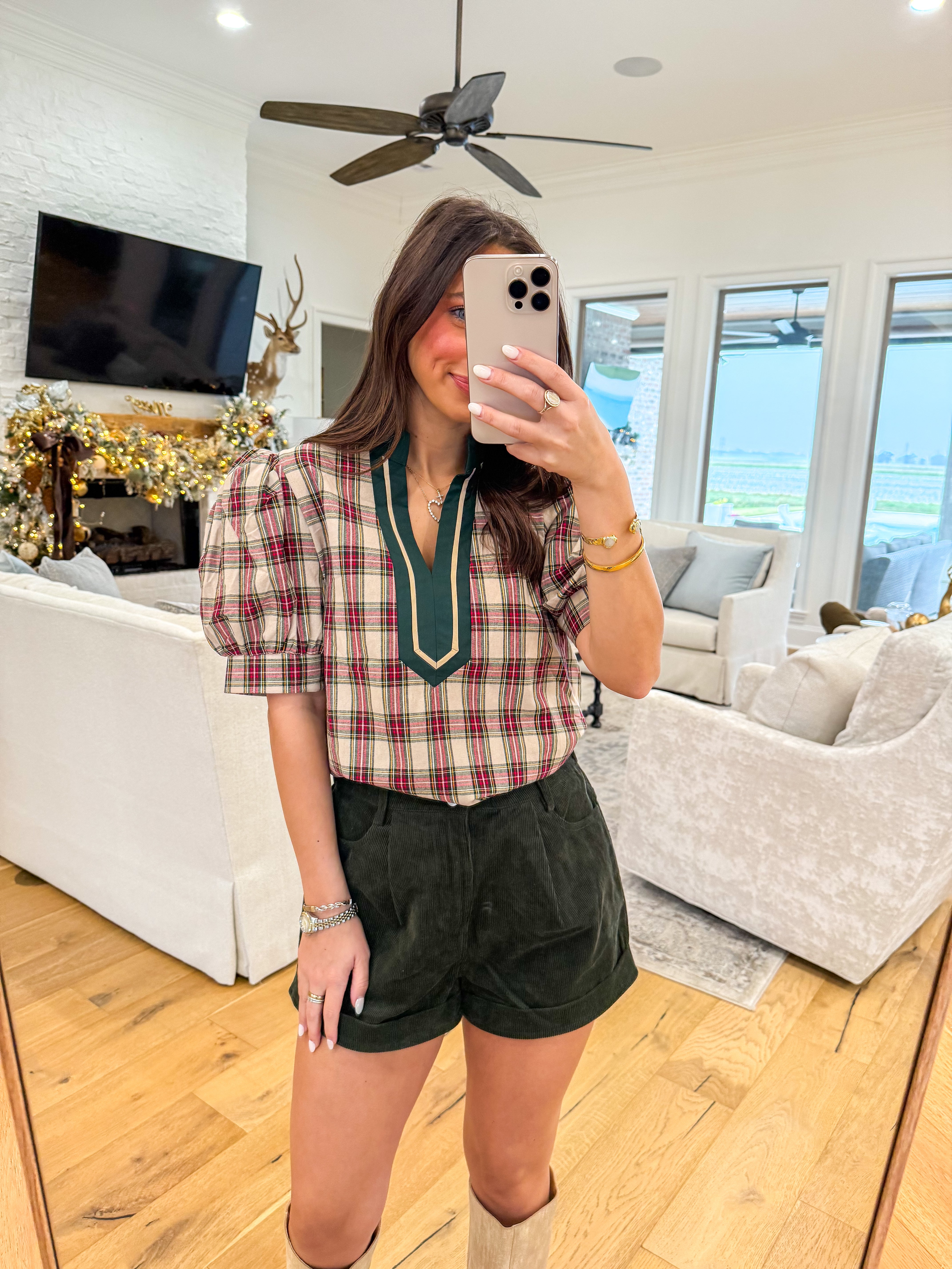 Holiday Hearth Taupe Plaid Blouse