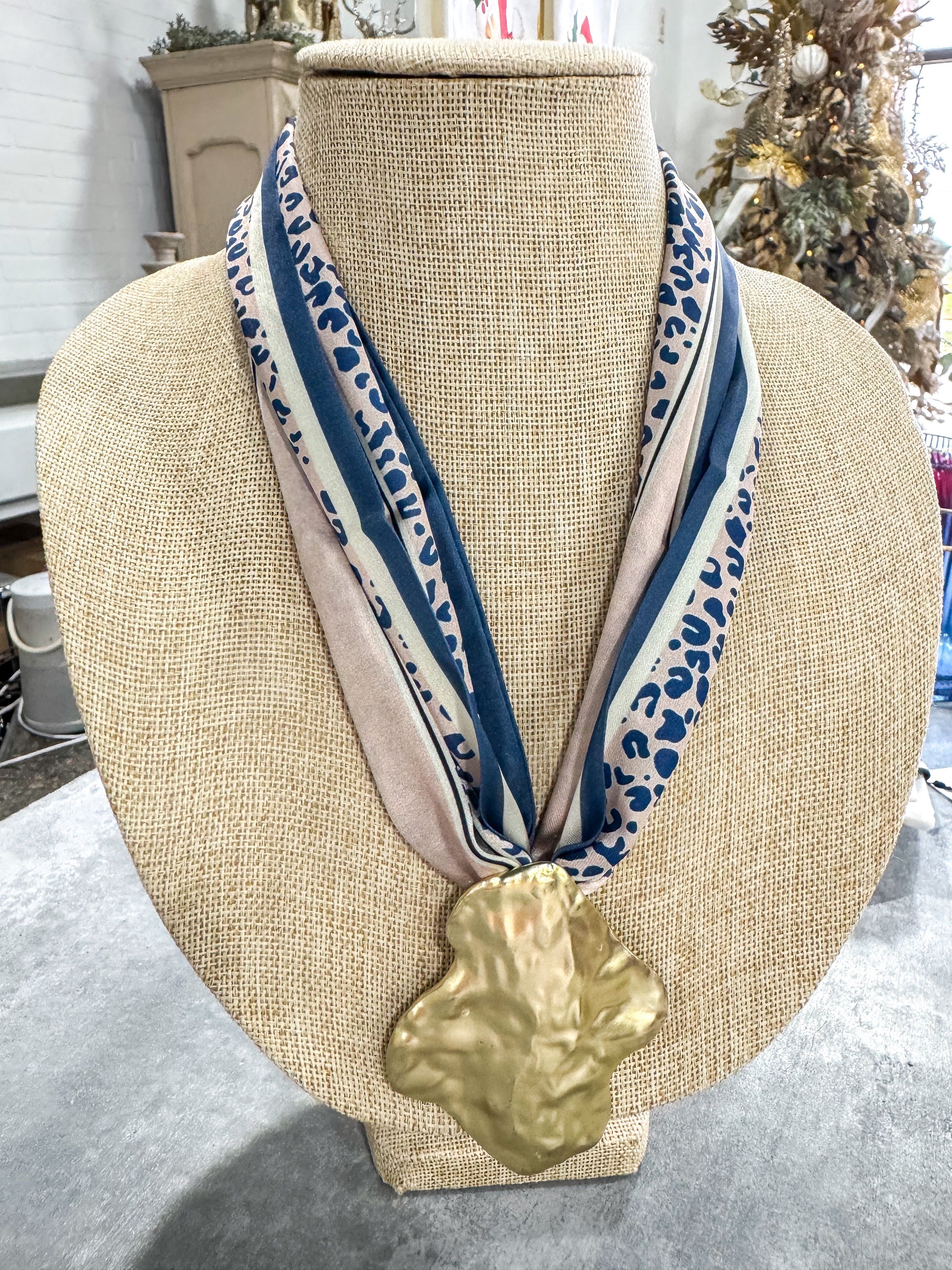 Tan & Blue Cheeta Scarf Necklace Gold Pendant