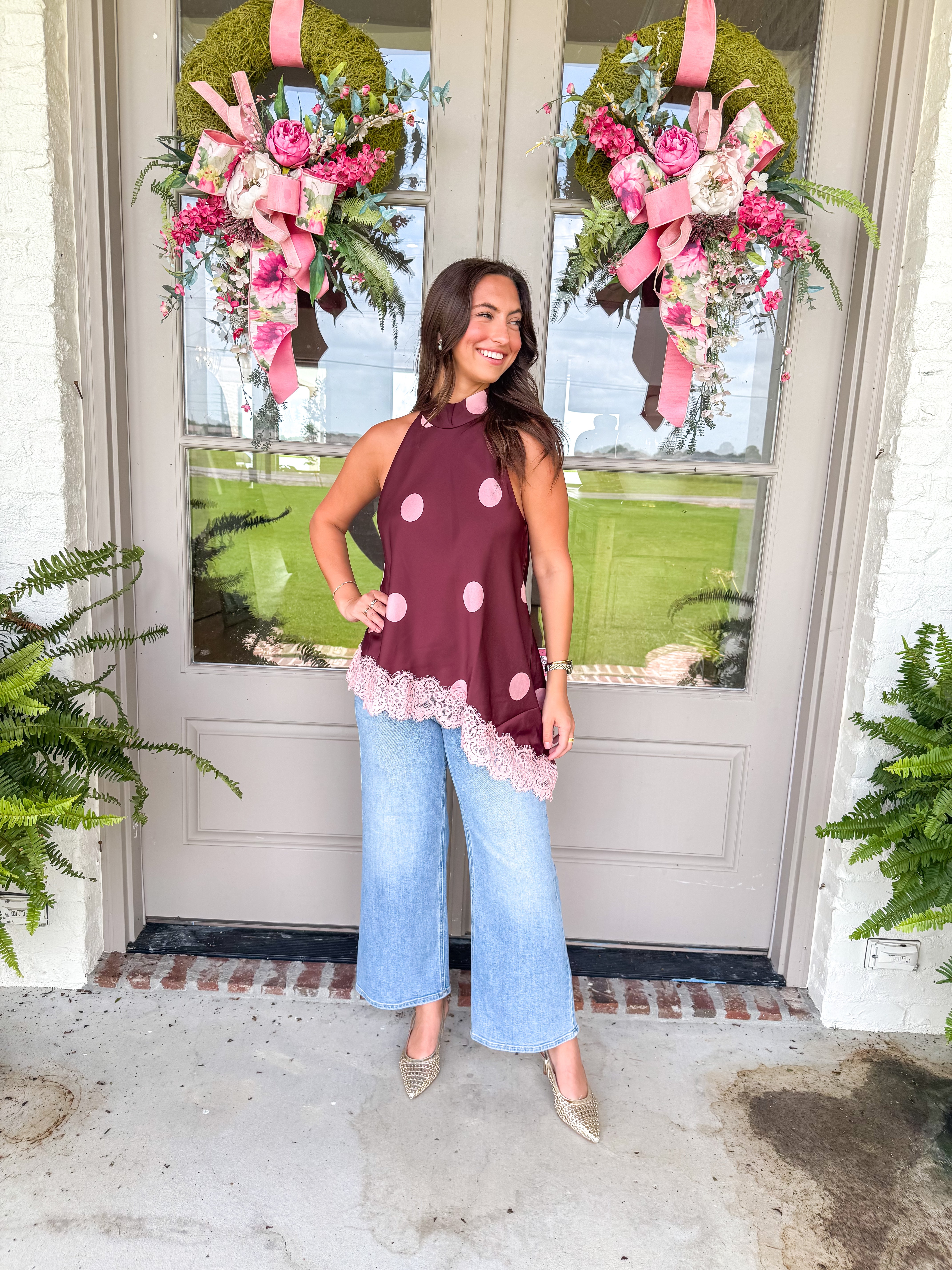 Burgundy Dot Satin Halter Top