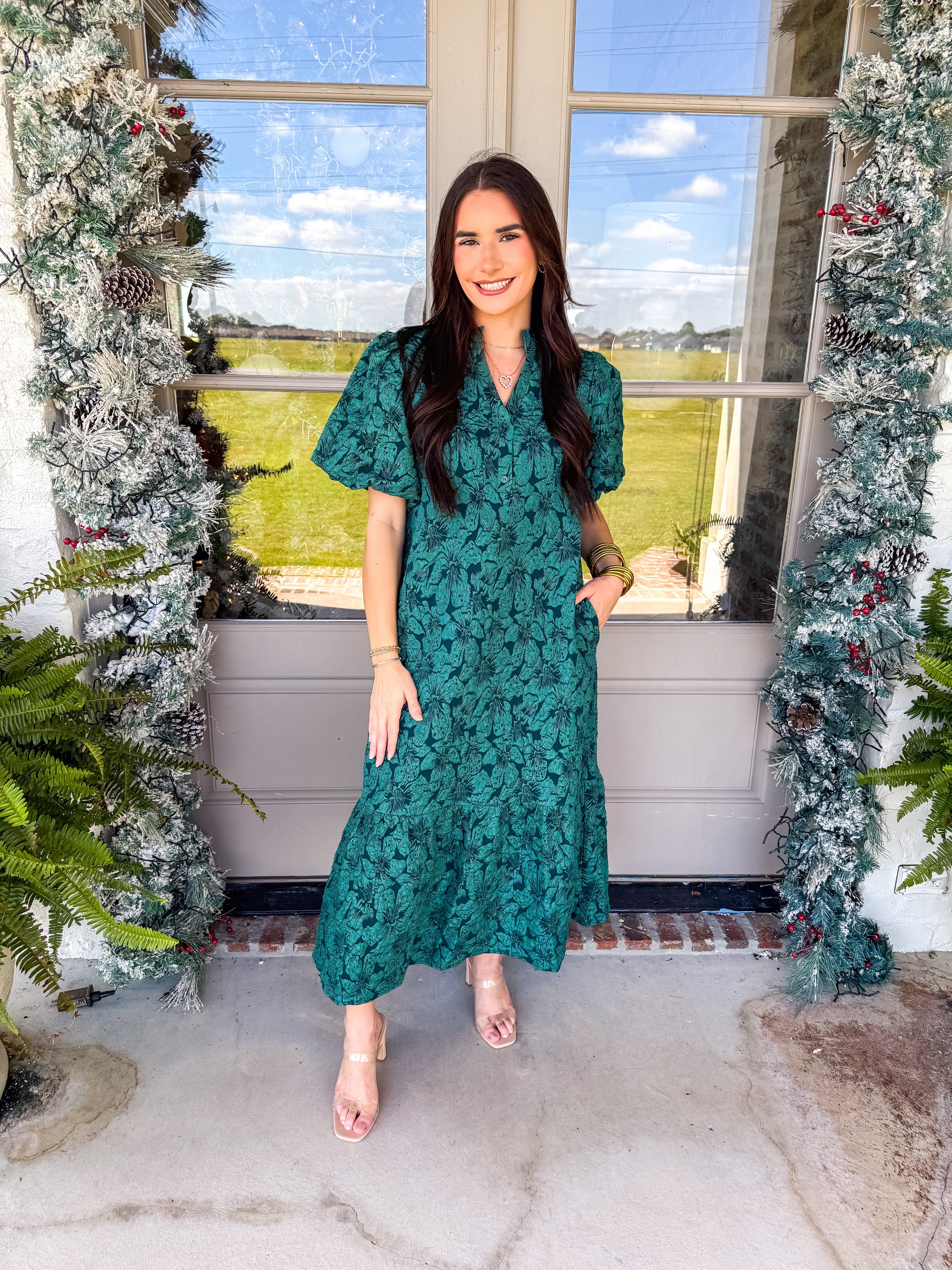 Emerald Puff Sleeve Jacquard Midi Dress