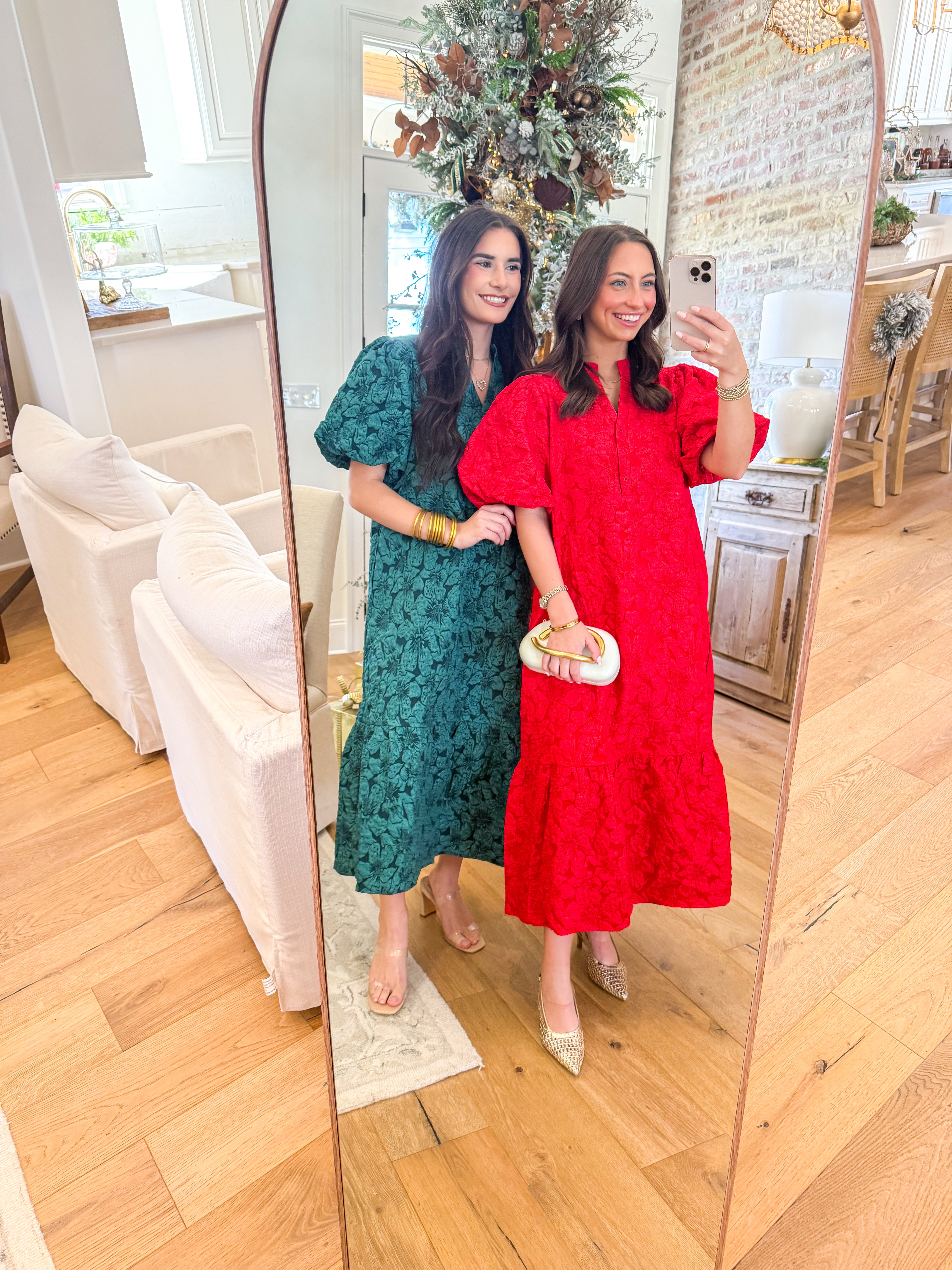Emerald Puff Sleeve Jacquard Midi Dress