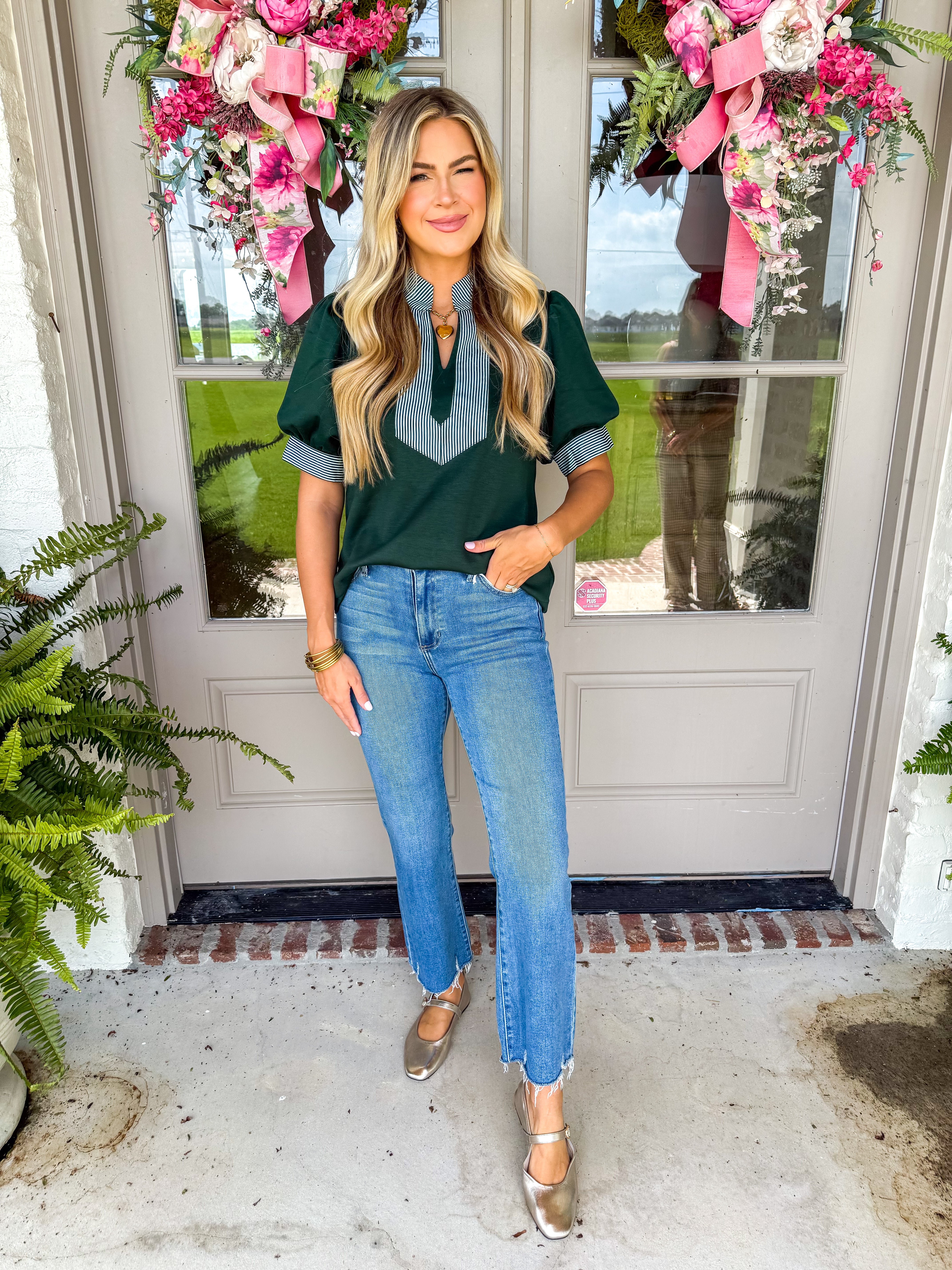 Café au Lait Stripe Accent Top Green