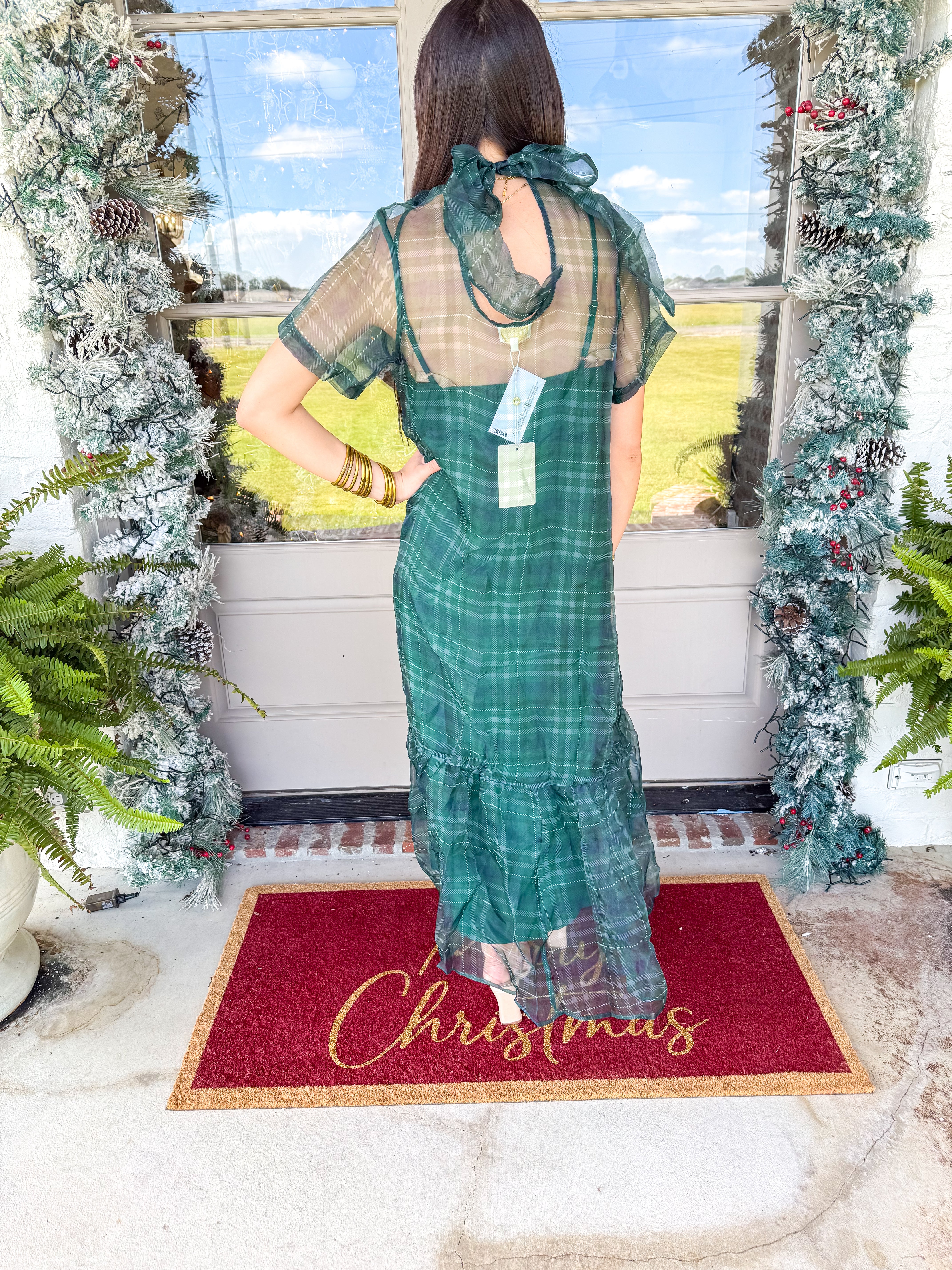 Green Plaid Organza Midi Dress