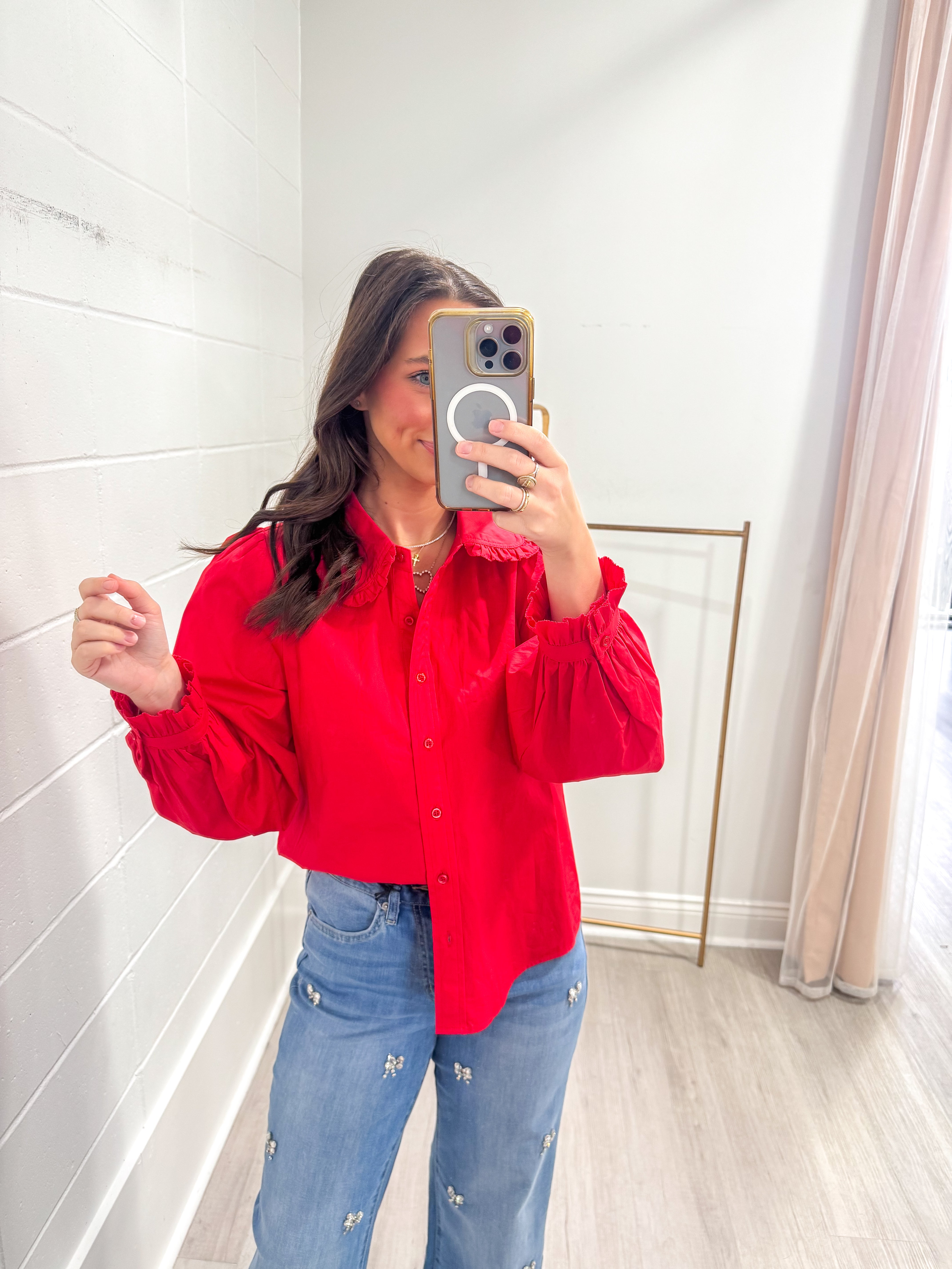 Cajun Red Ruffle Accent Poplin Top