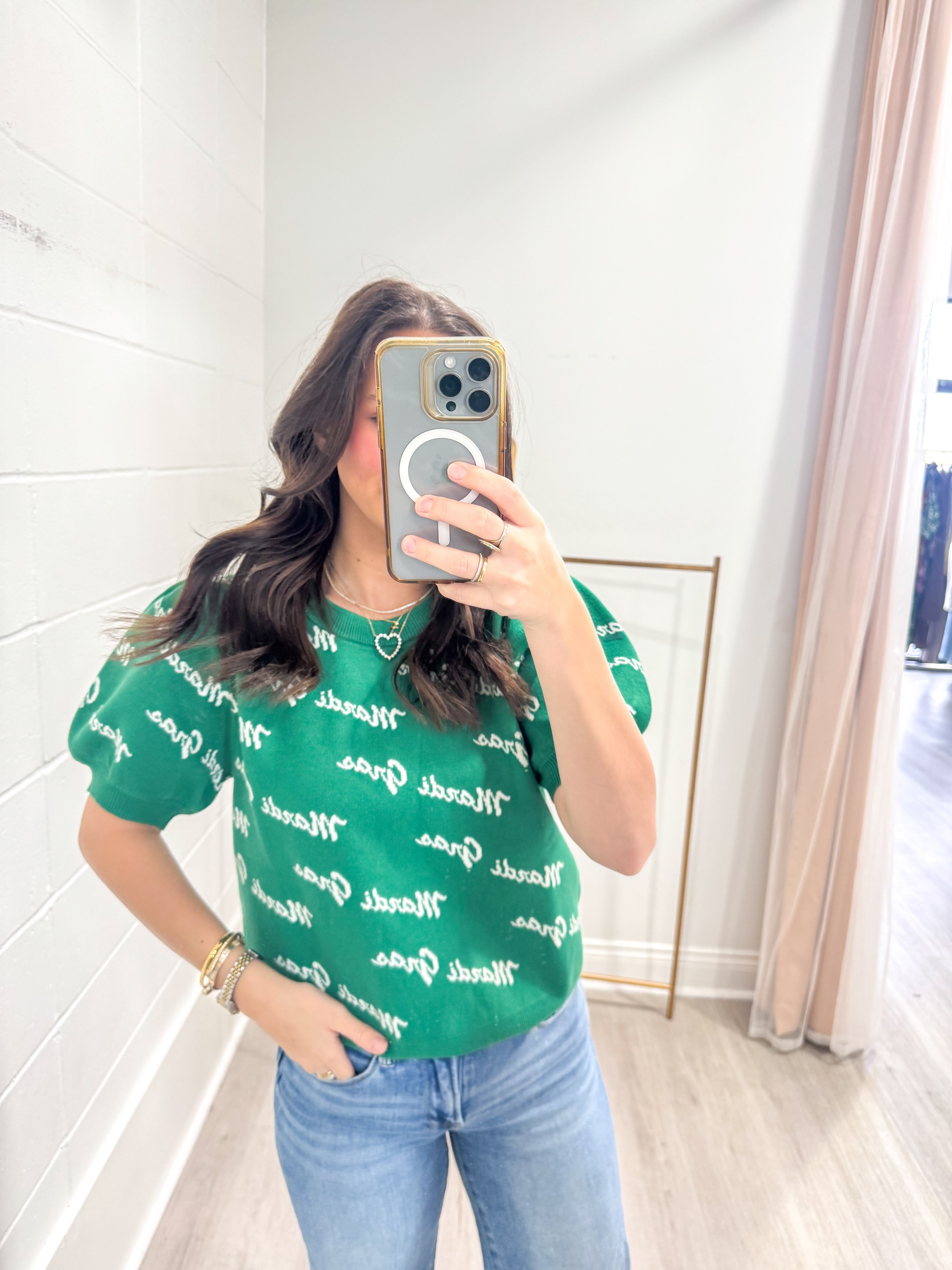 Mardi Gras Words Green Puff Sleeve Top