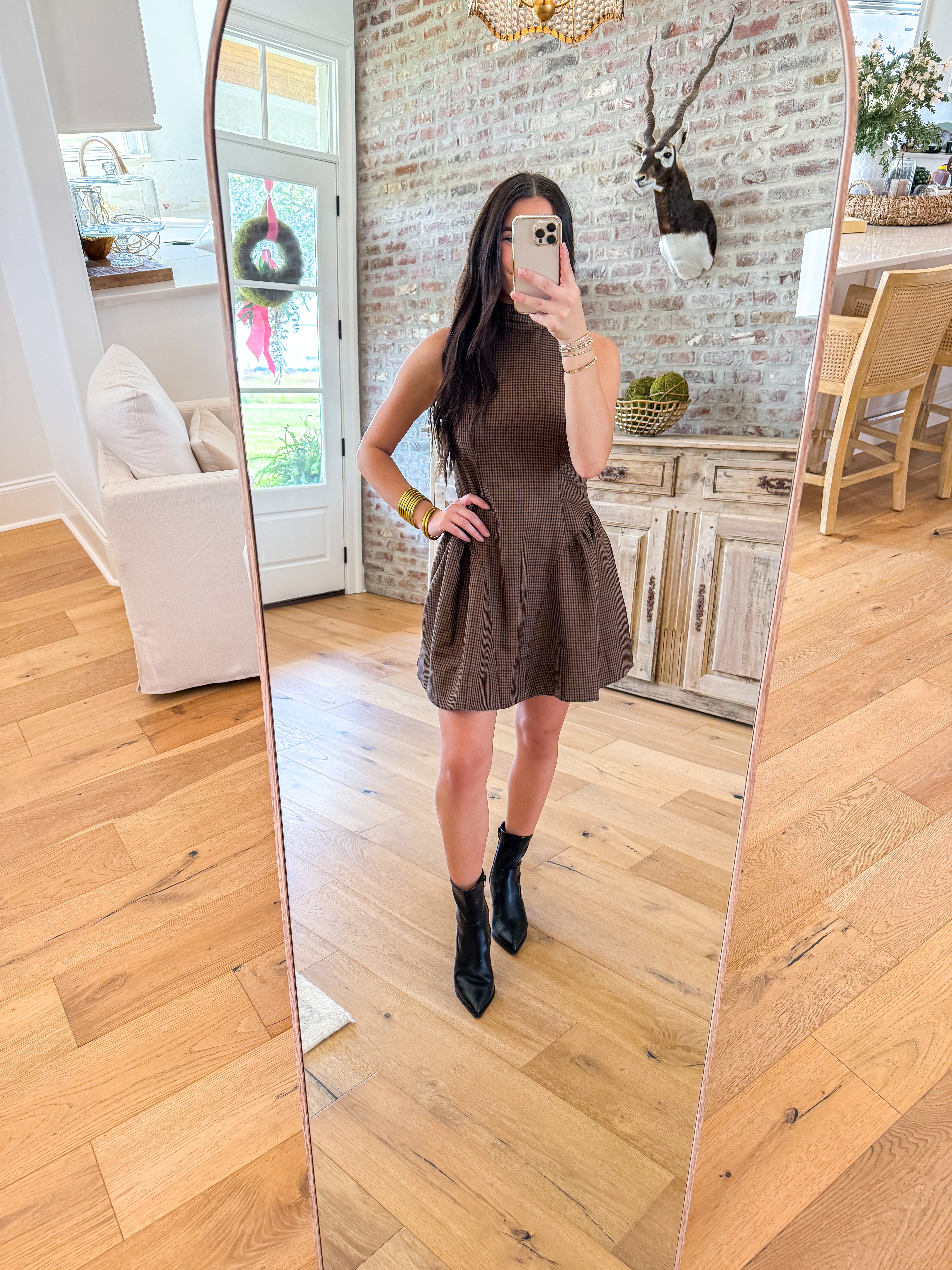 Brown Gingham Drop Waist Mini Dress