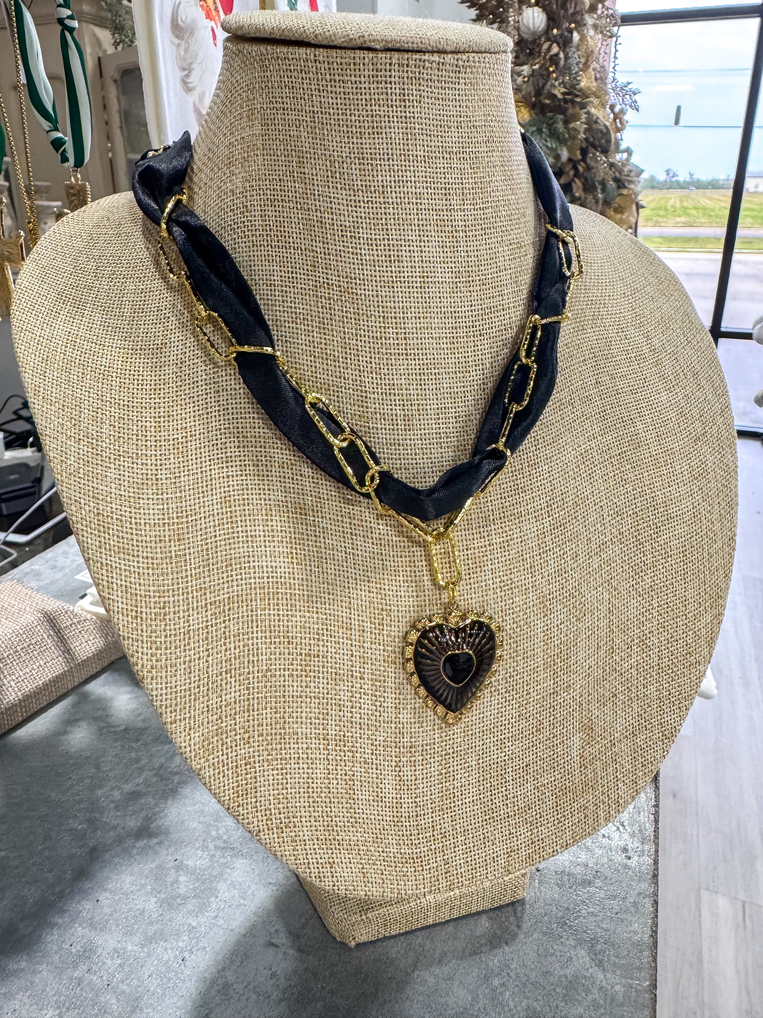 Black Scarf Necklace With Gold Chain & Heart