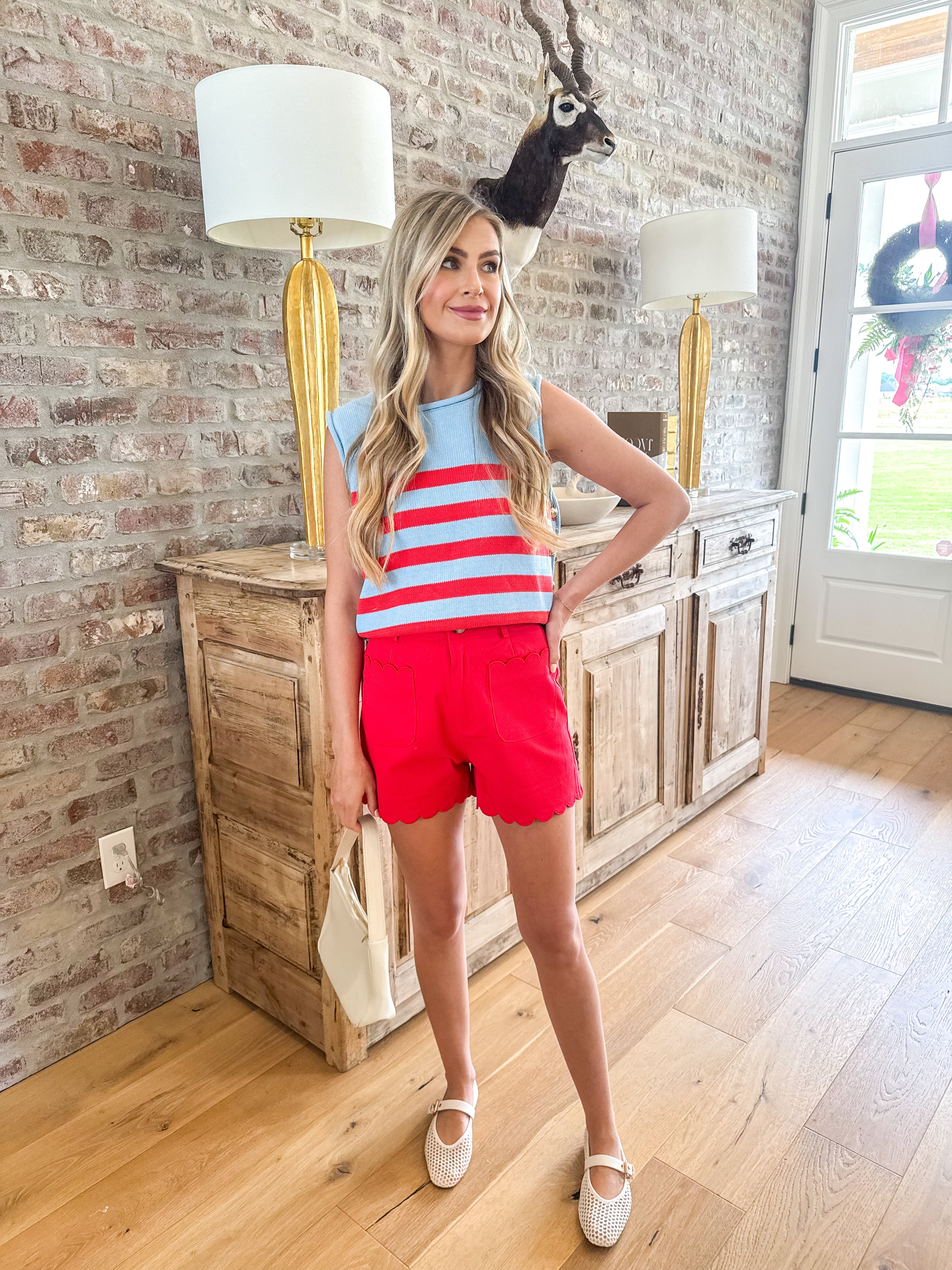 Red Scalloped Patch Pocket Shorts