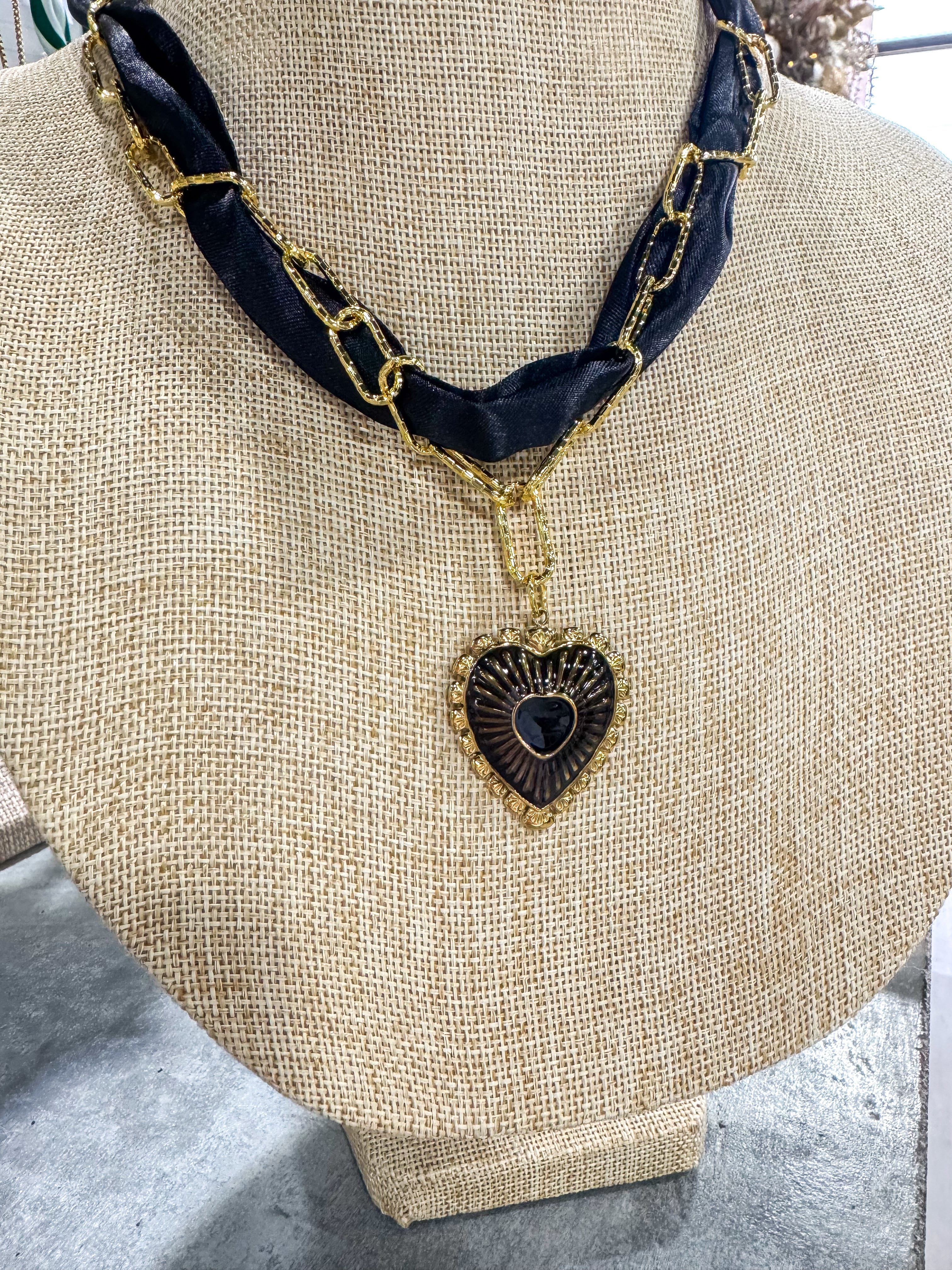 Black Scarf Necklace With Gold Chain & Heart