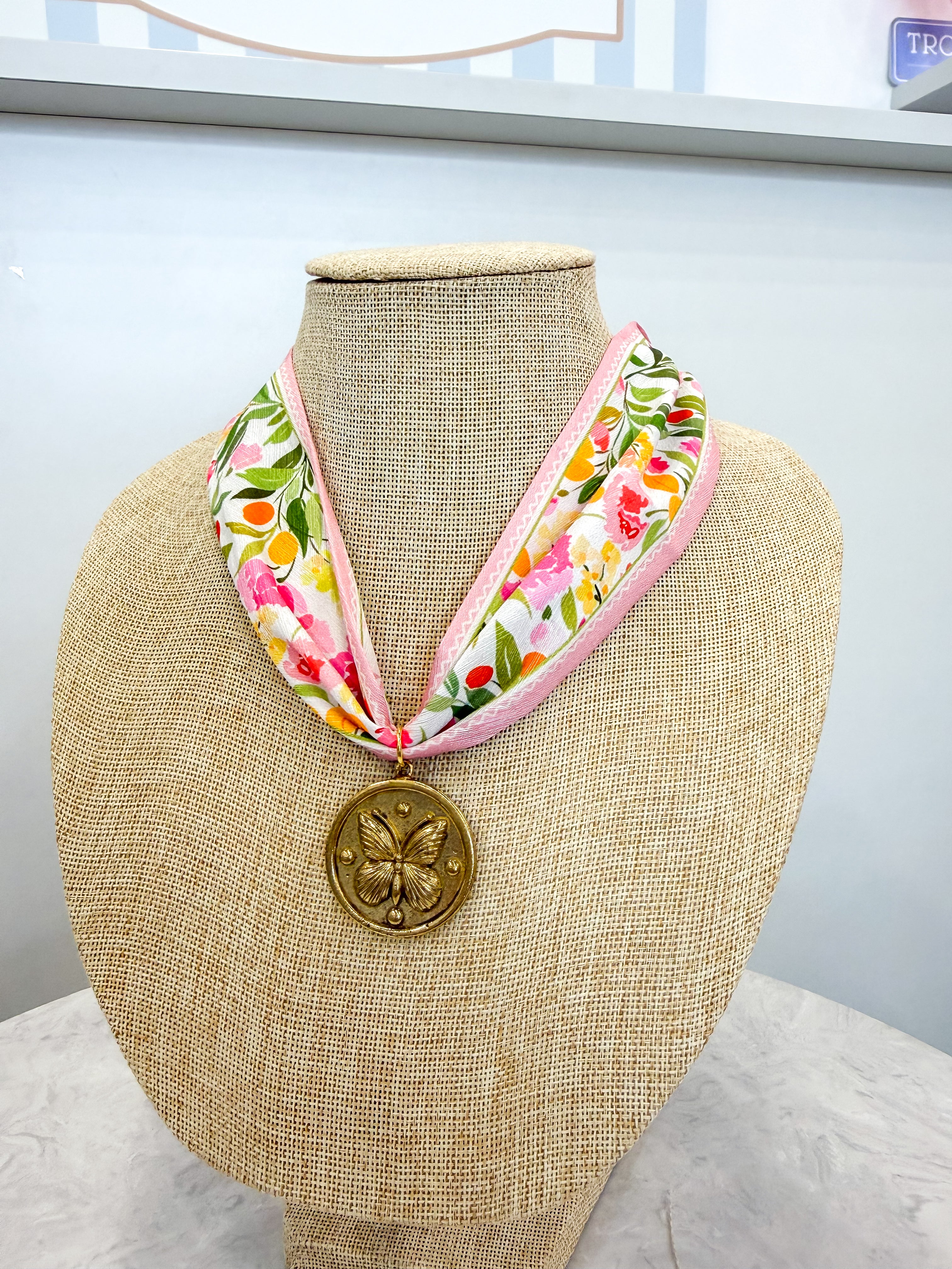 Pink Floral Gold Butterfly Scarf Necklace