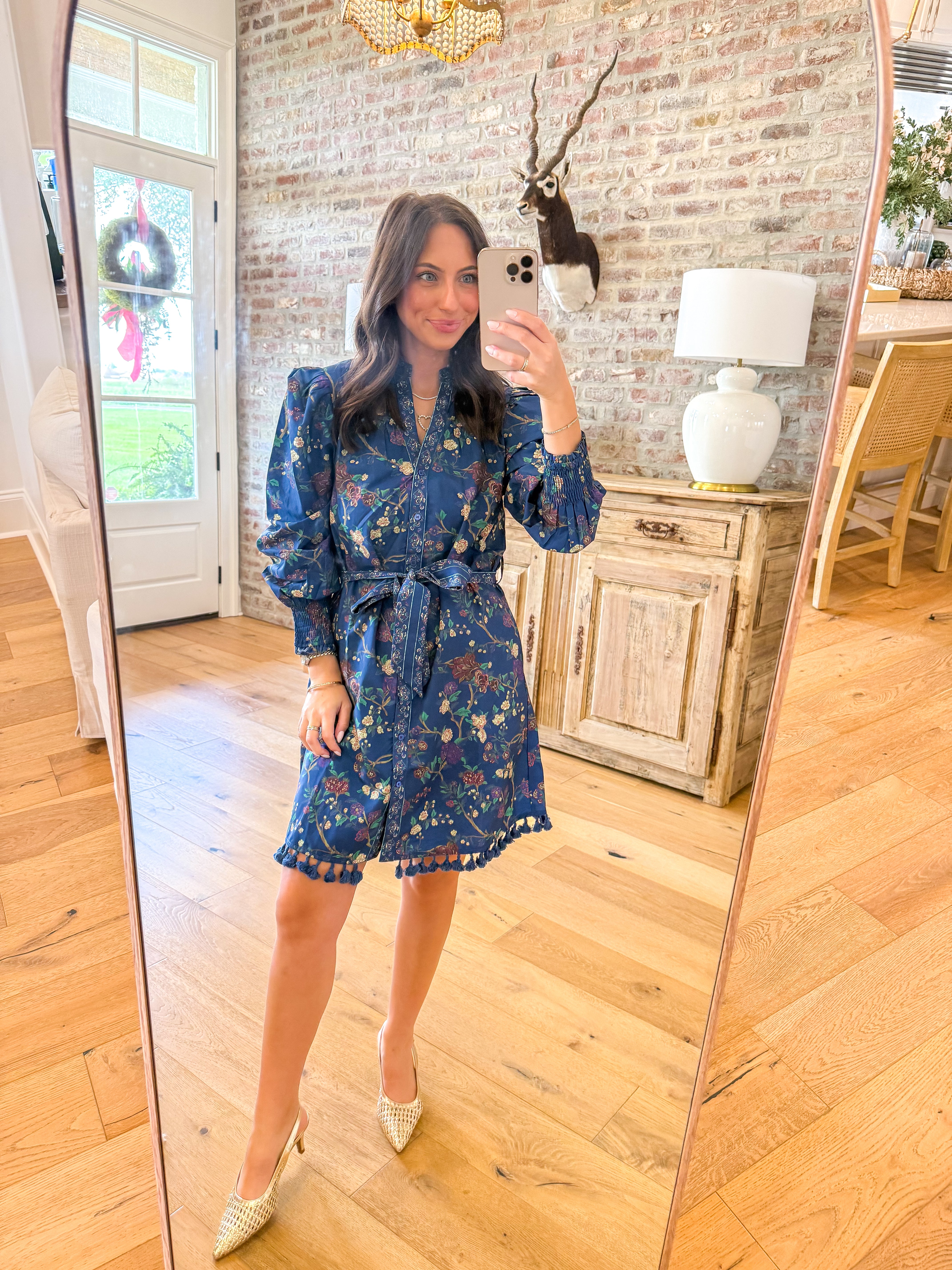 Floral Print Tassel Trim Belted Mini Dress