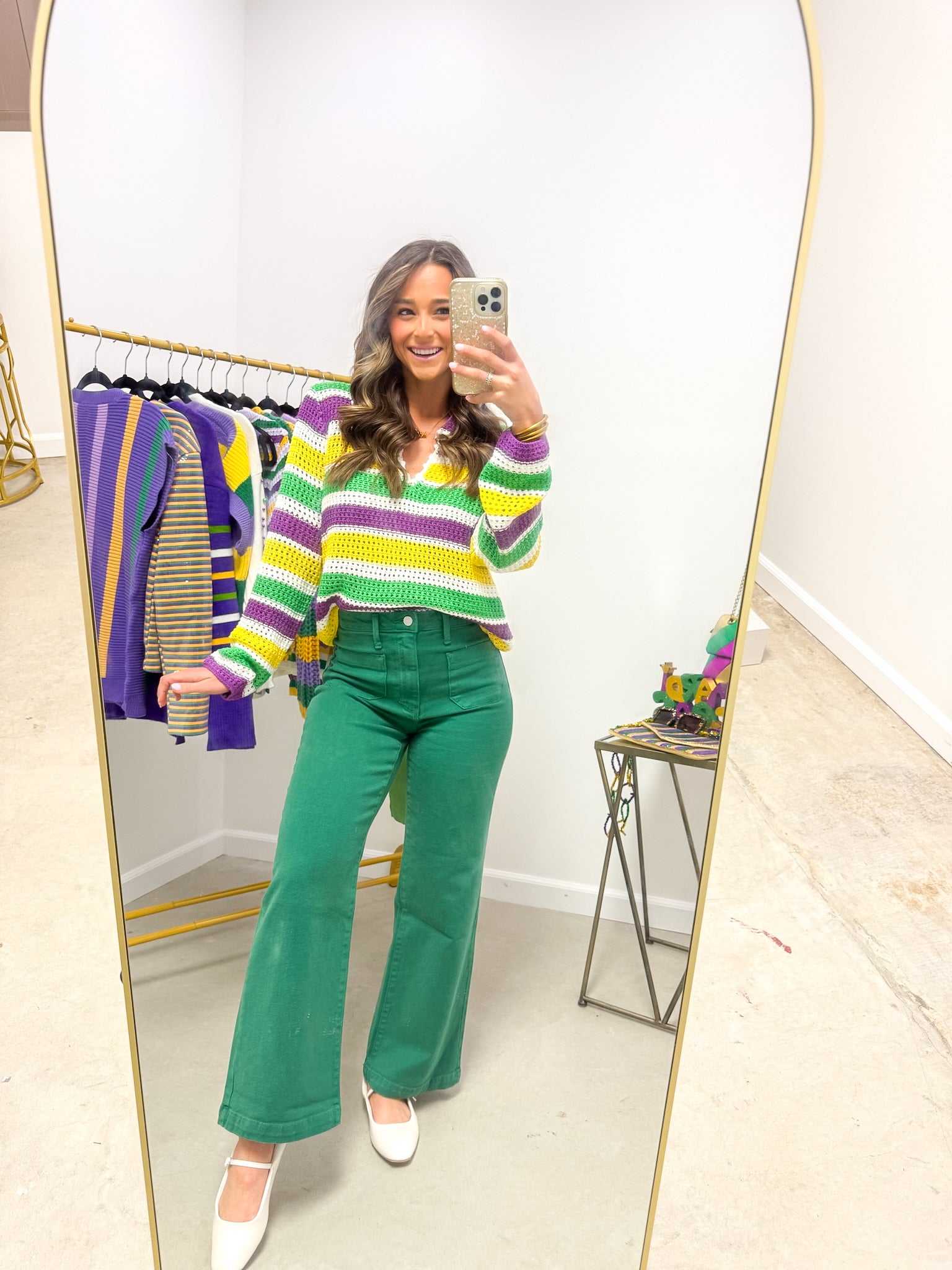 Mardi Gras Open Collar Striped Sweater