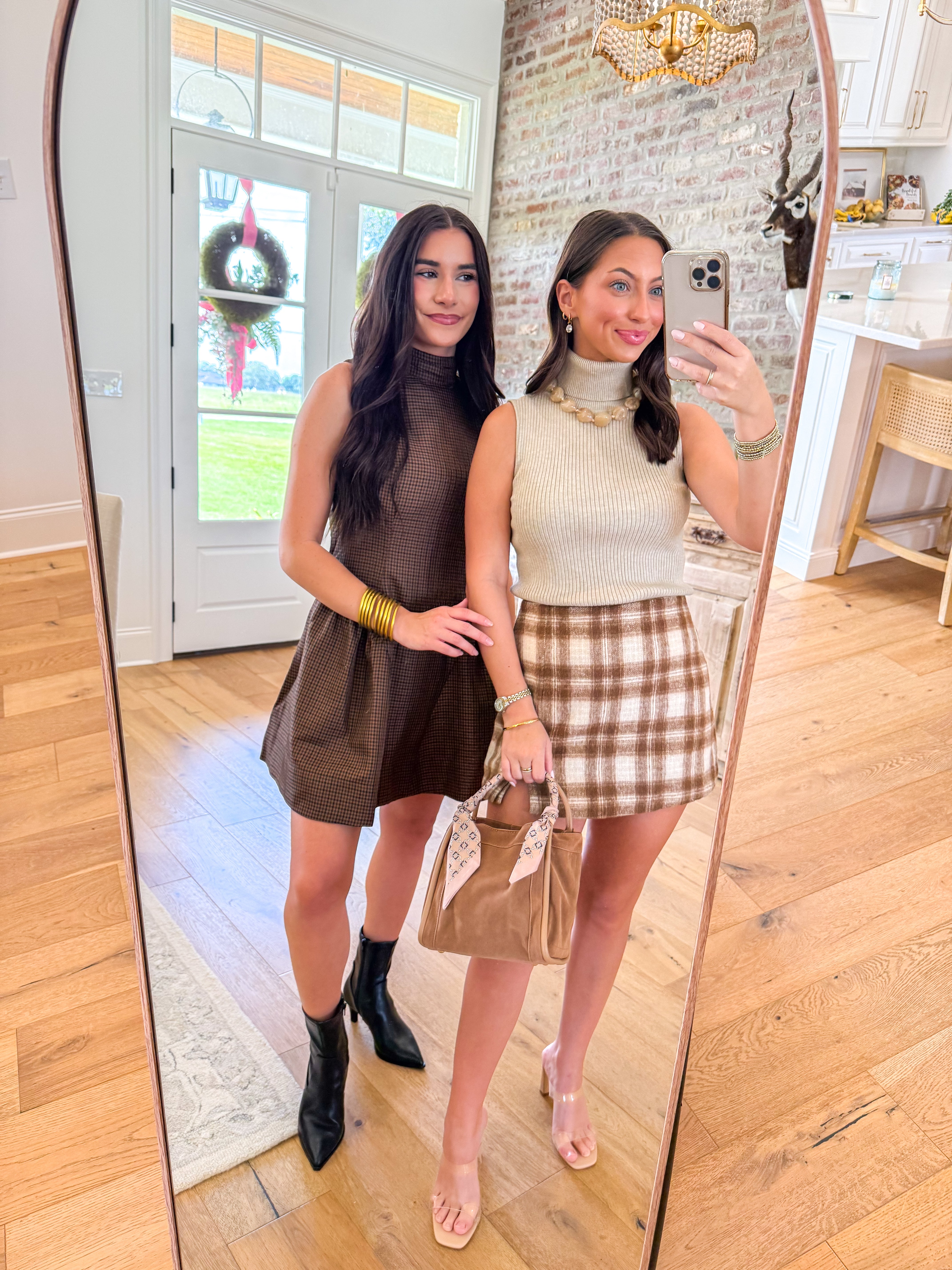 Brown Gingham Drop Waist Mini Dress