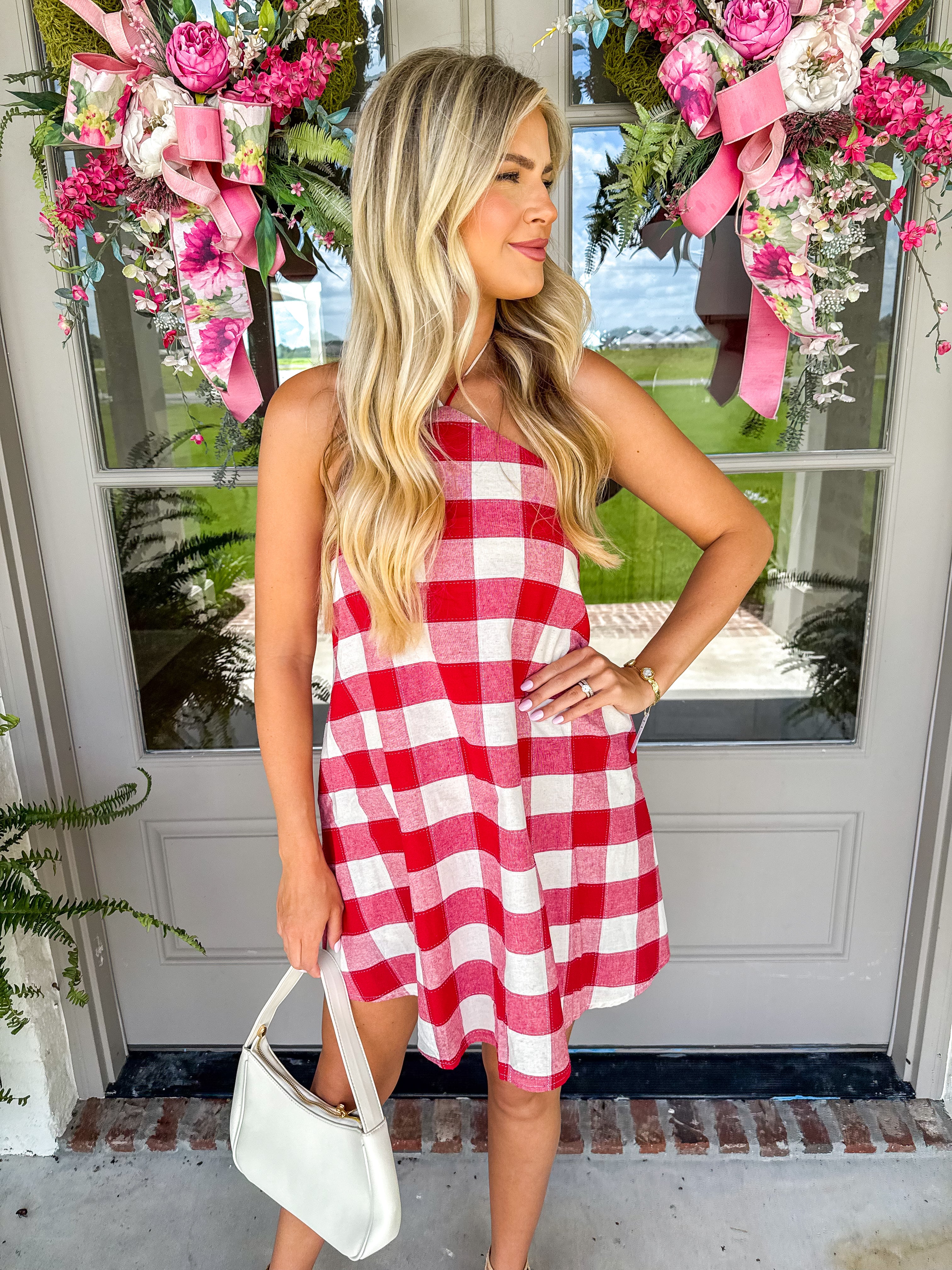 Flora Red Gingham Halter Romper Dress