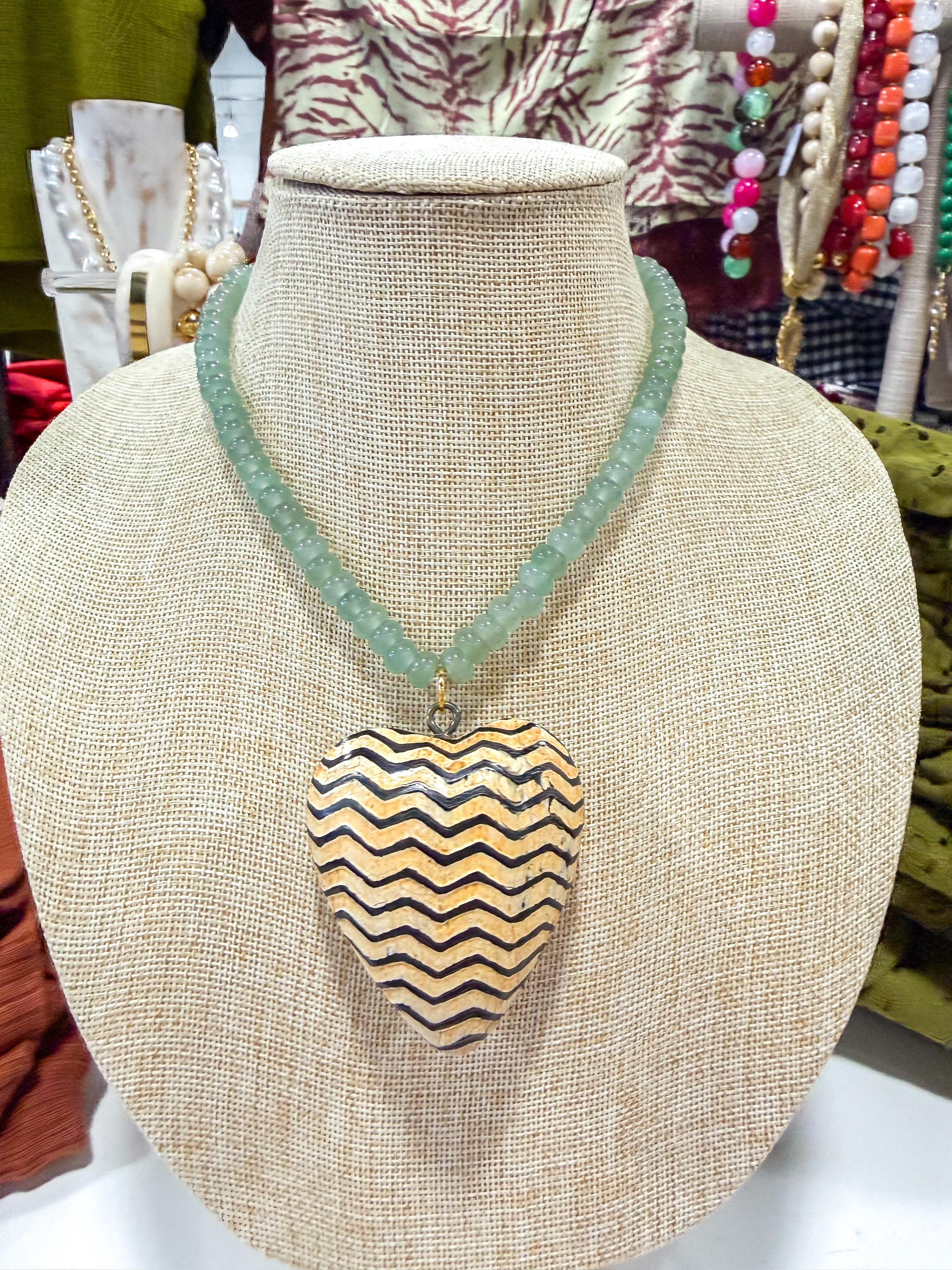 Large Chevron Heart Sage Green Beaded Necklace