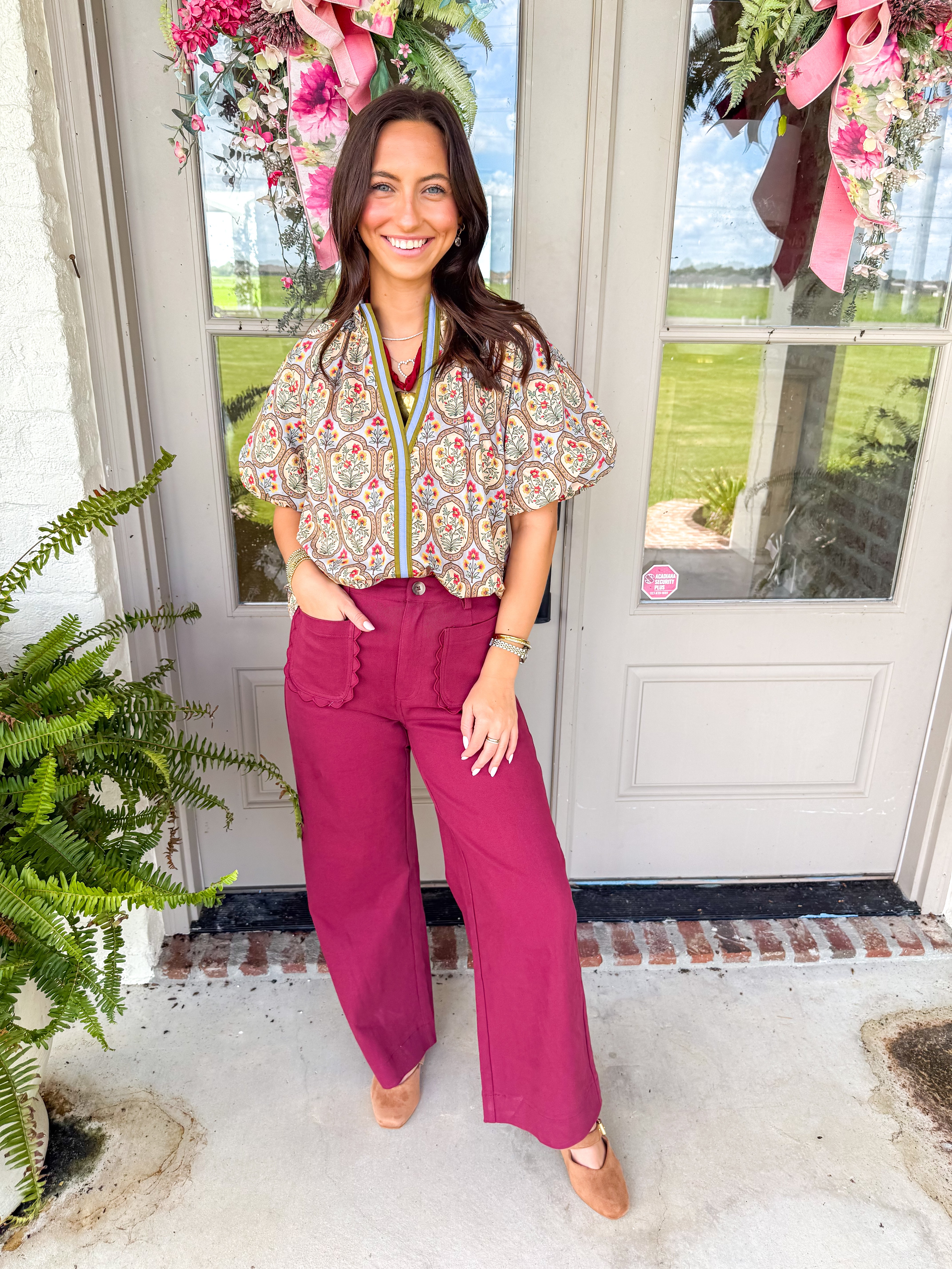 Scalloped Wide Leg Trousers Burgundy