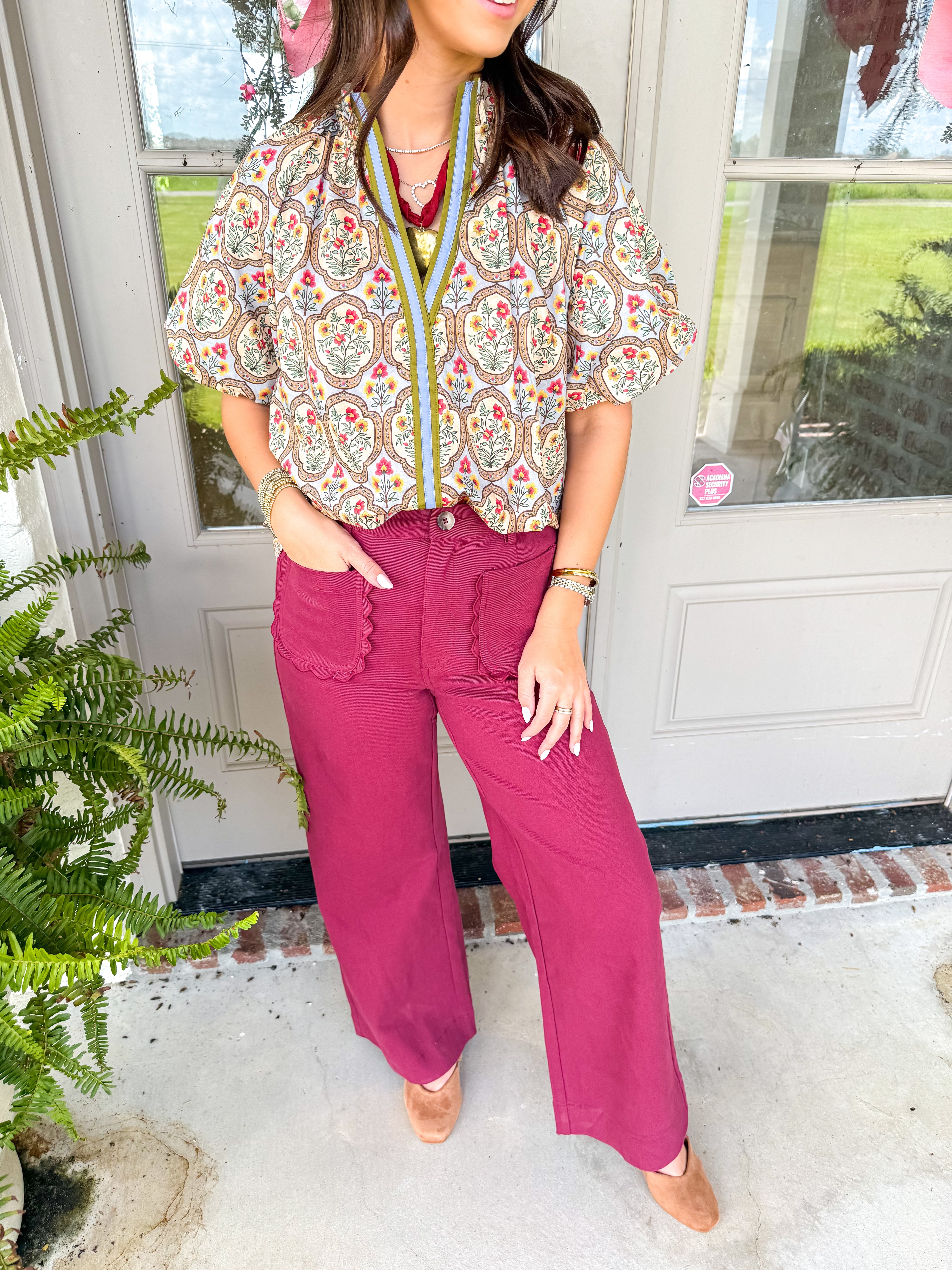 Scalloped Wide Leg Trousers Burgundy