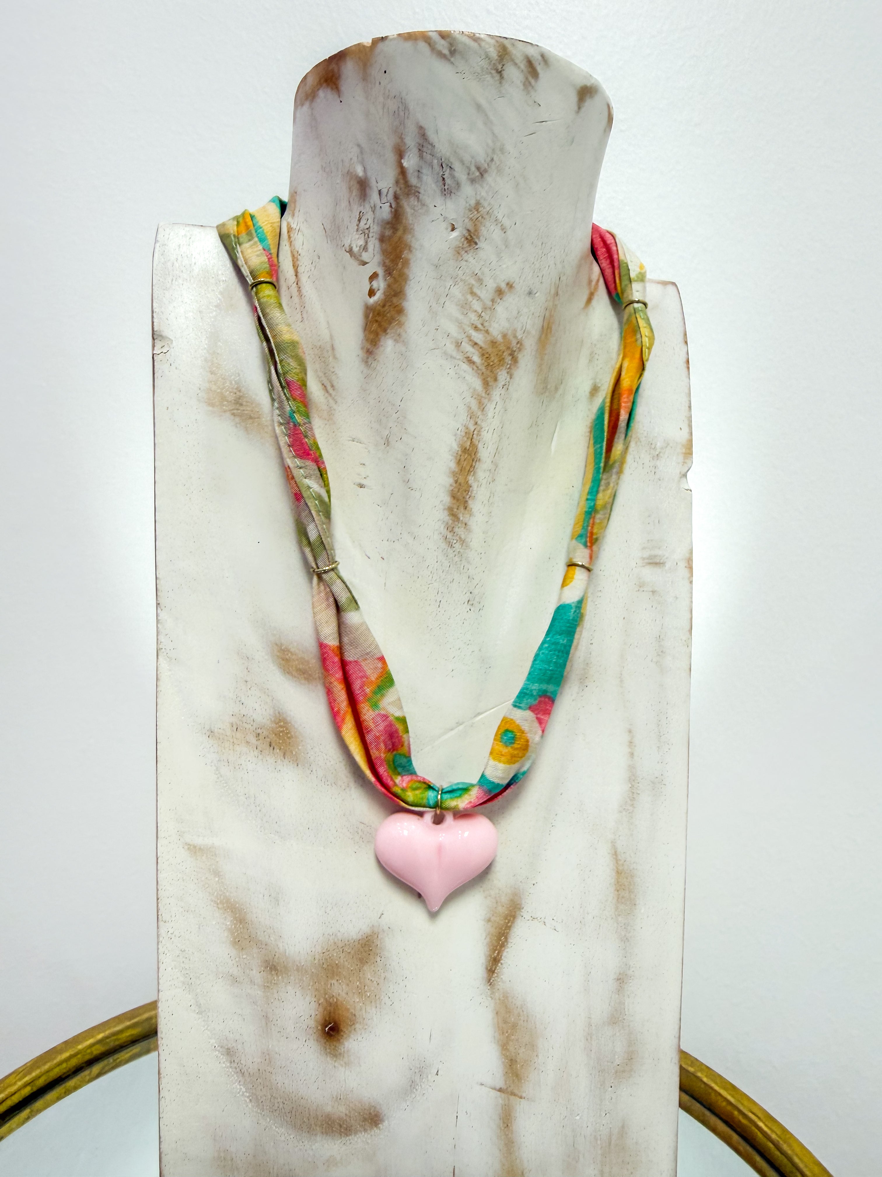 Small Pink Enamel Heart Colorful Scarf Necklace
