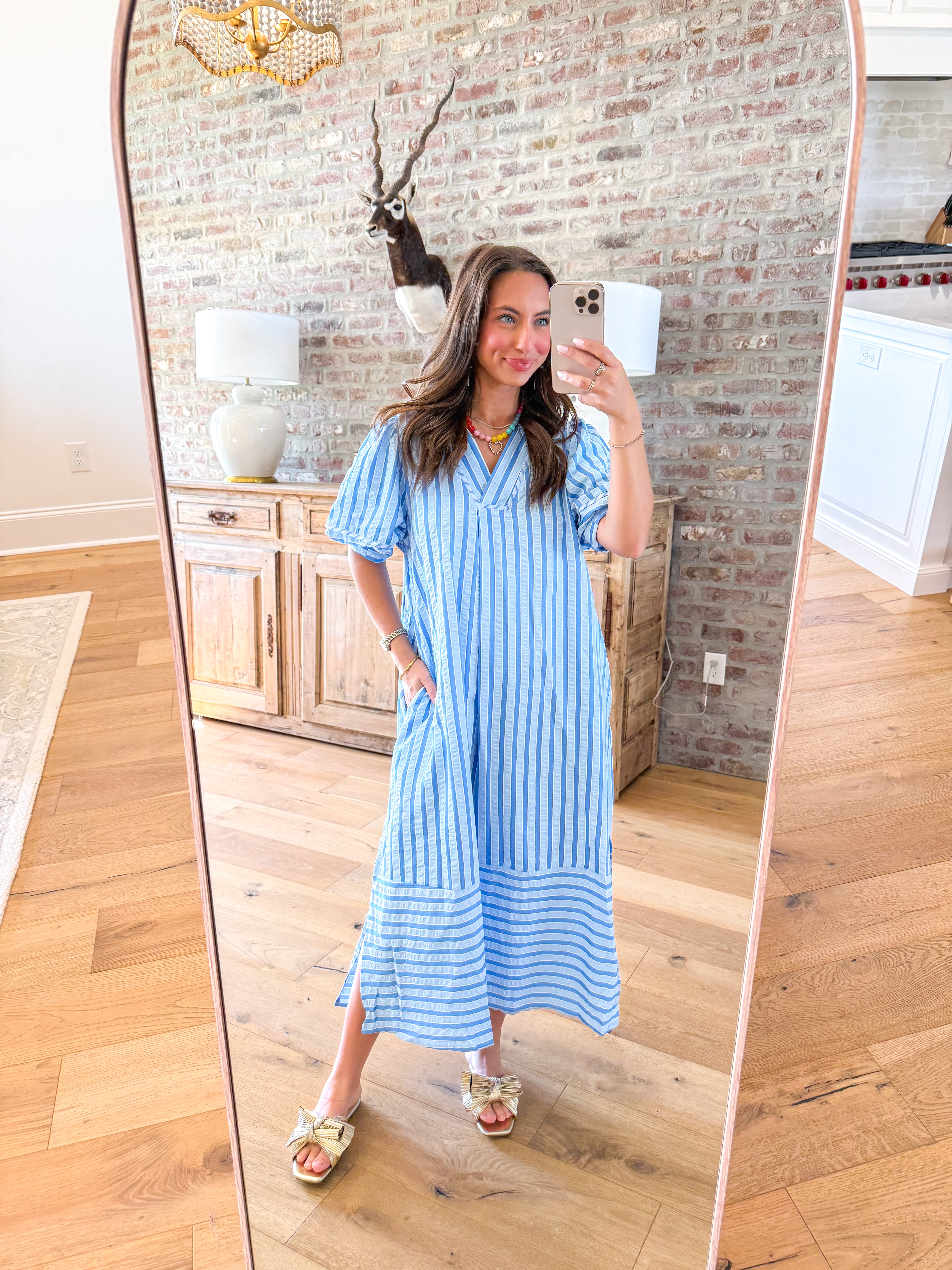 Coastal Stripe Puff Sleeve Midi Blue