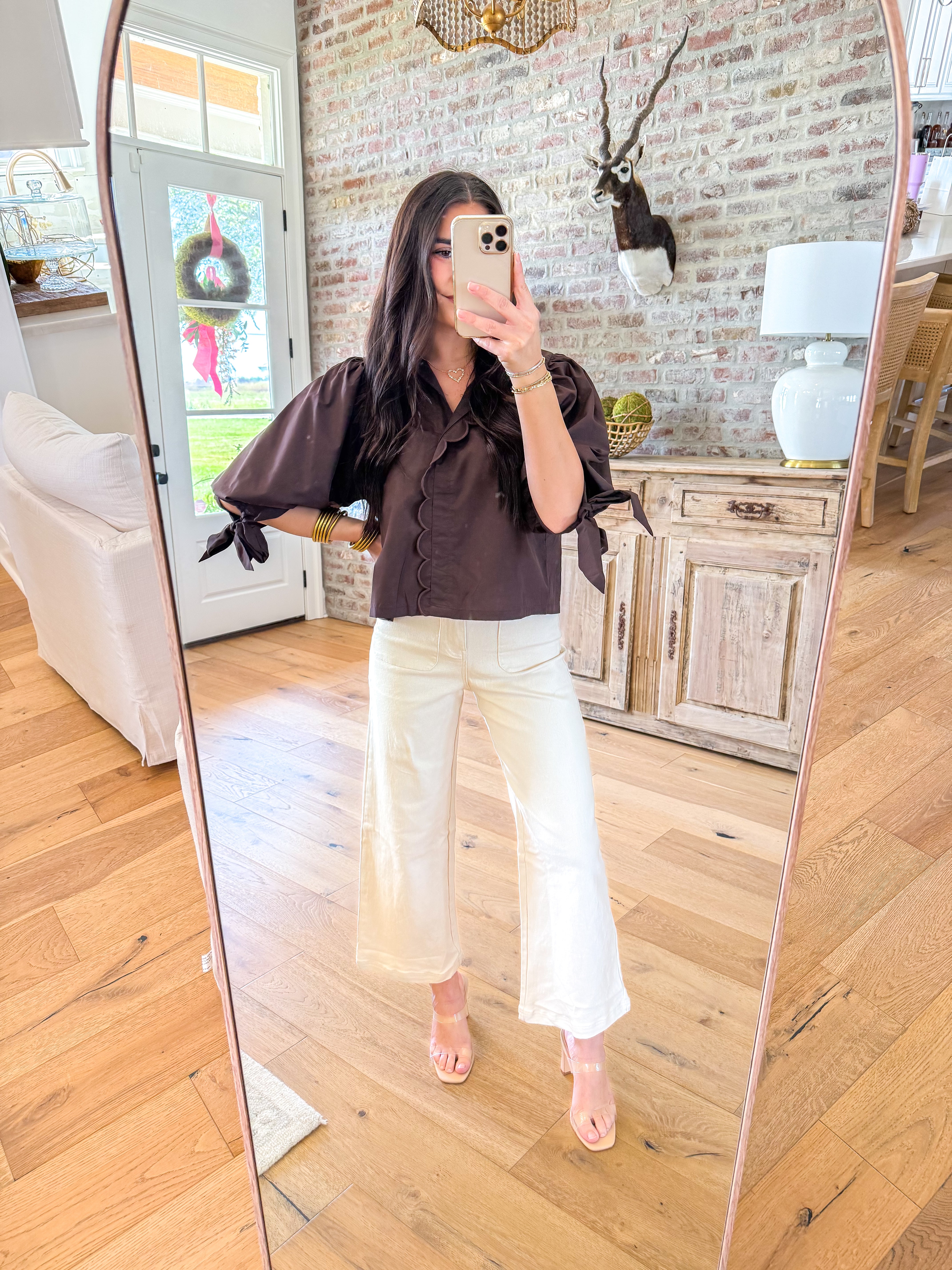 Scalloped Edge Puff Sleeve Top Brown