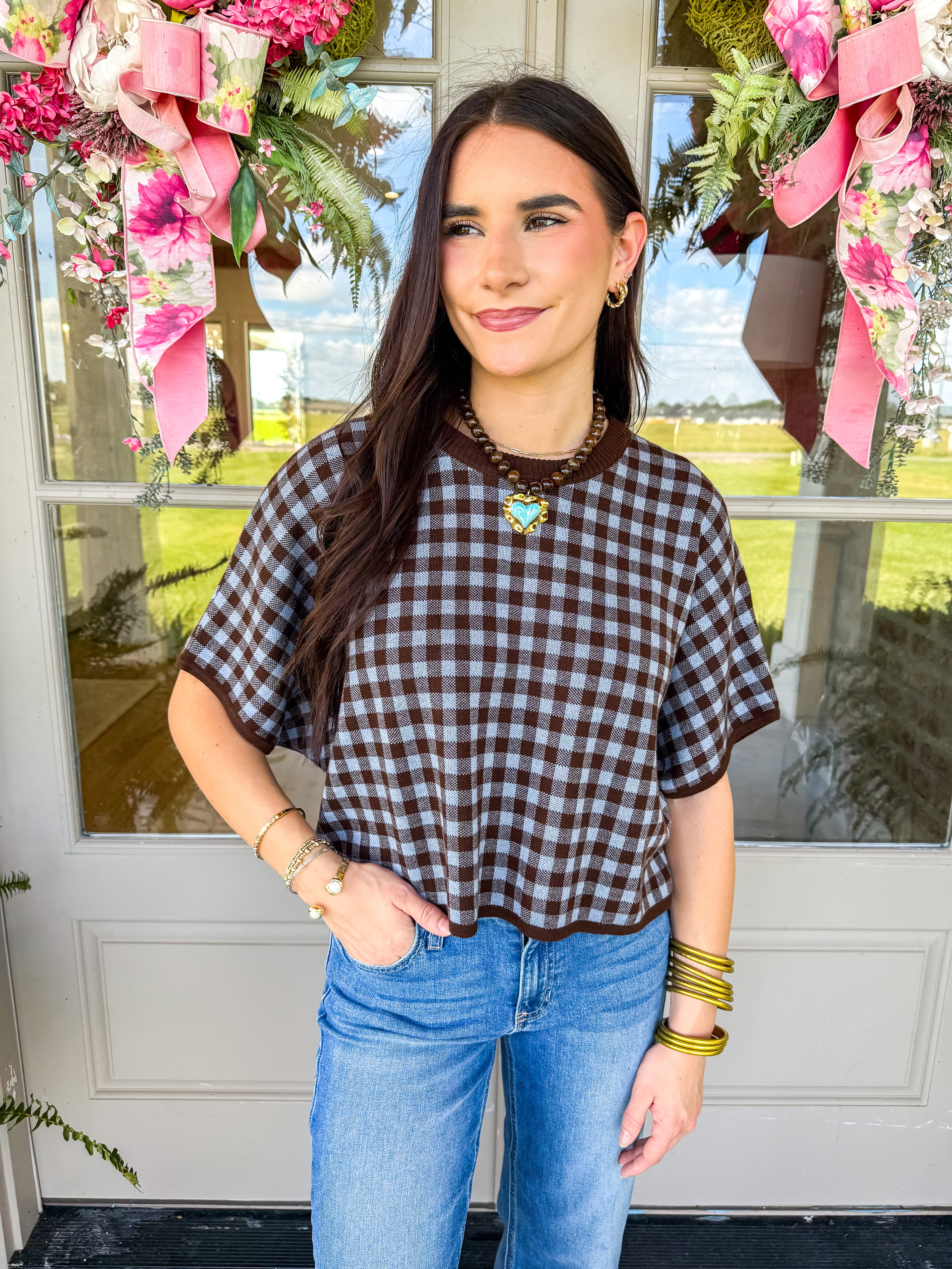 Brown Gingham & Grace Cropped Knit Top
