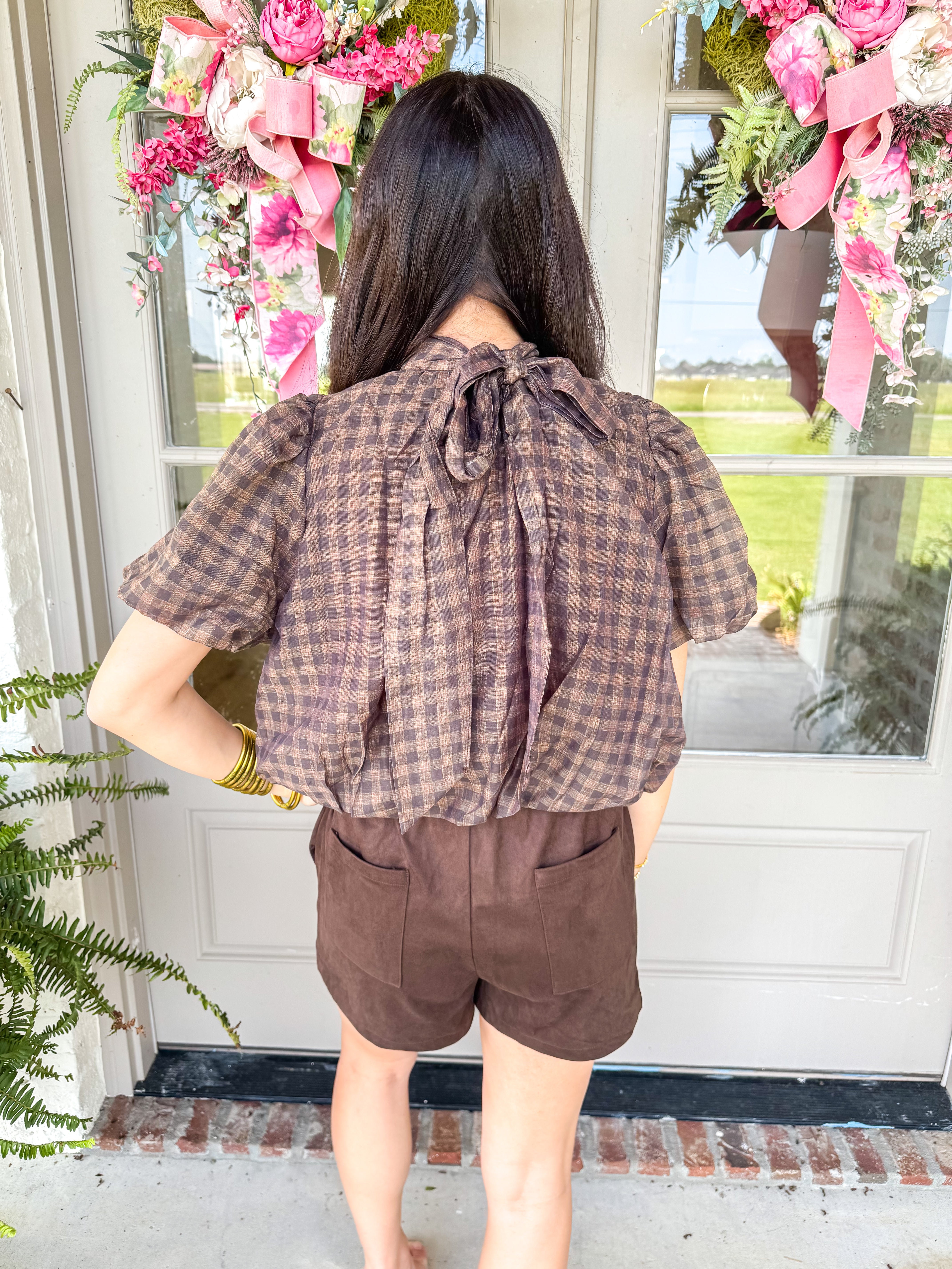Brown Gingham Tie-Neck Blouse