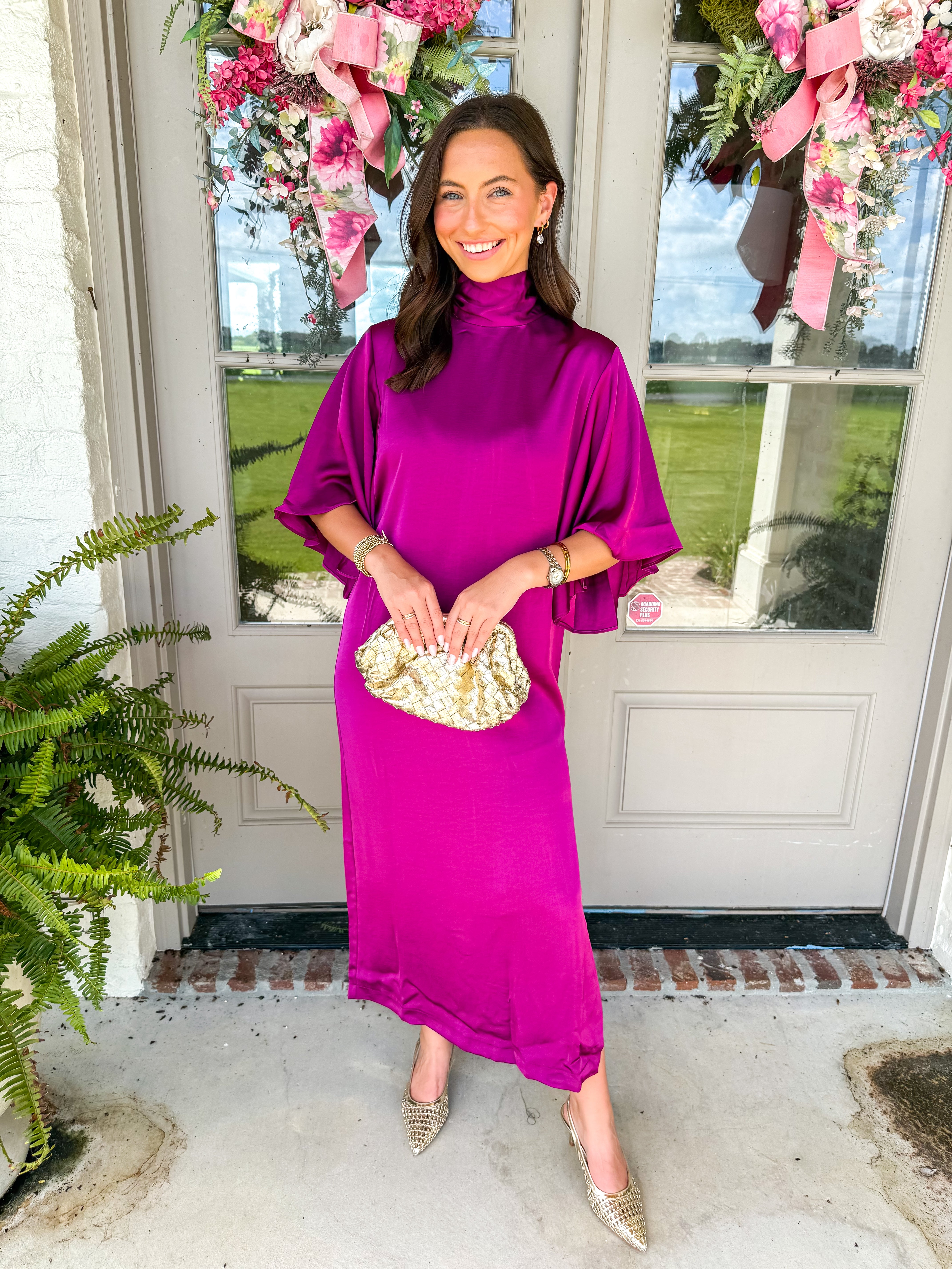 Magenta Hour Satin Tie-Back Midi Dress
