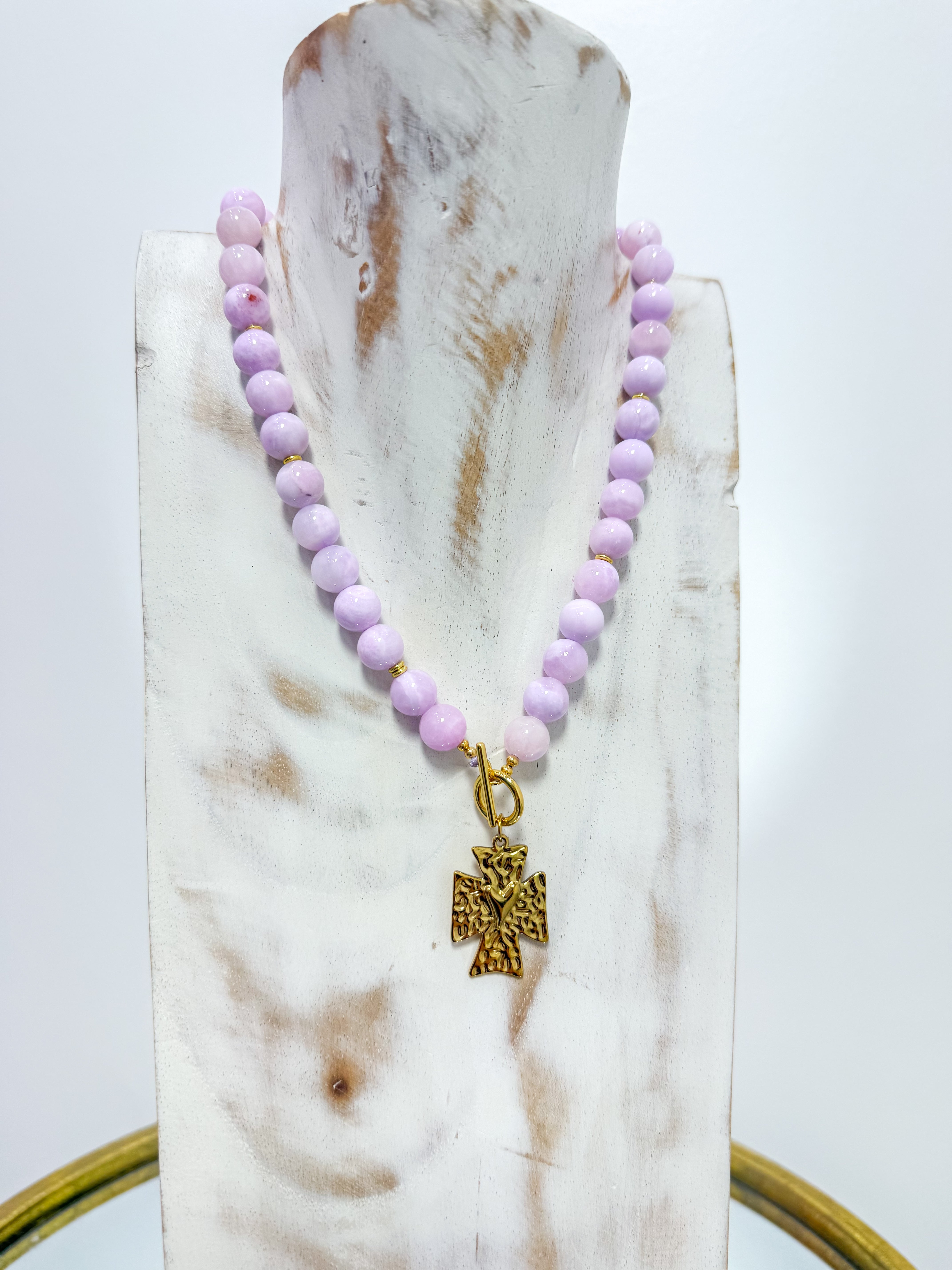 Small Lavender Bead Heart Cross Necklace