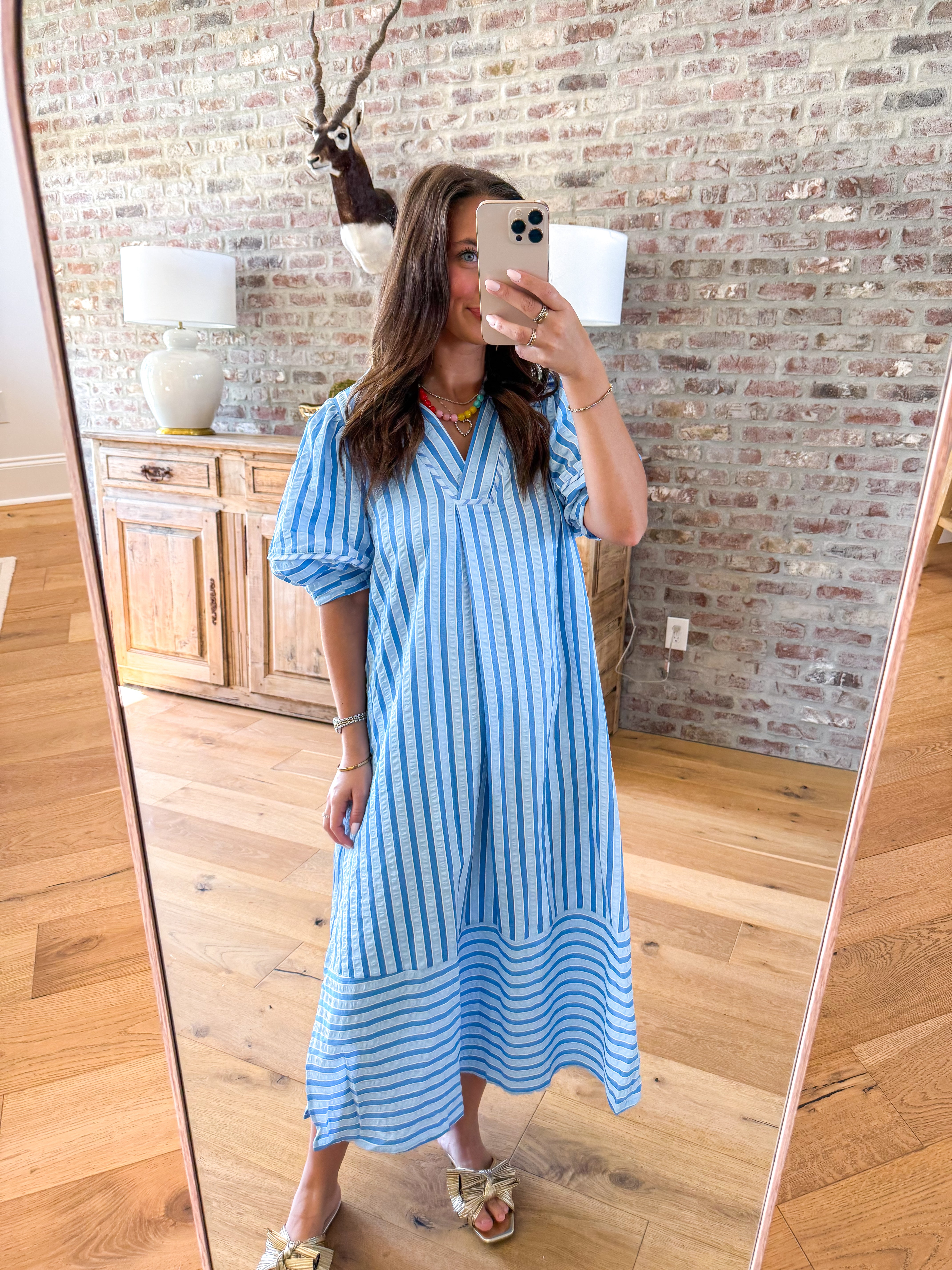 Coastal Stripe Puff Sleeve Midi Blue