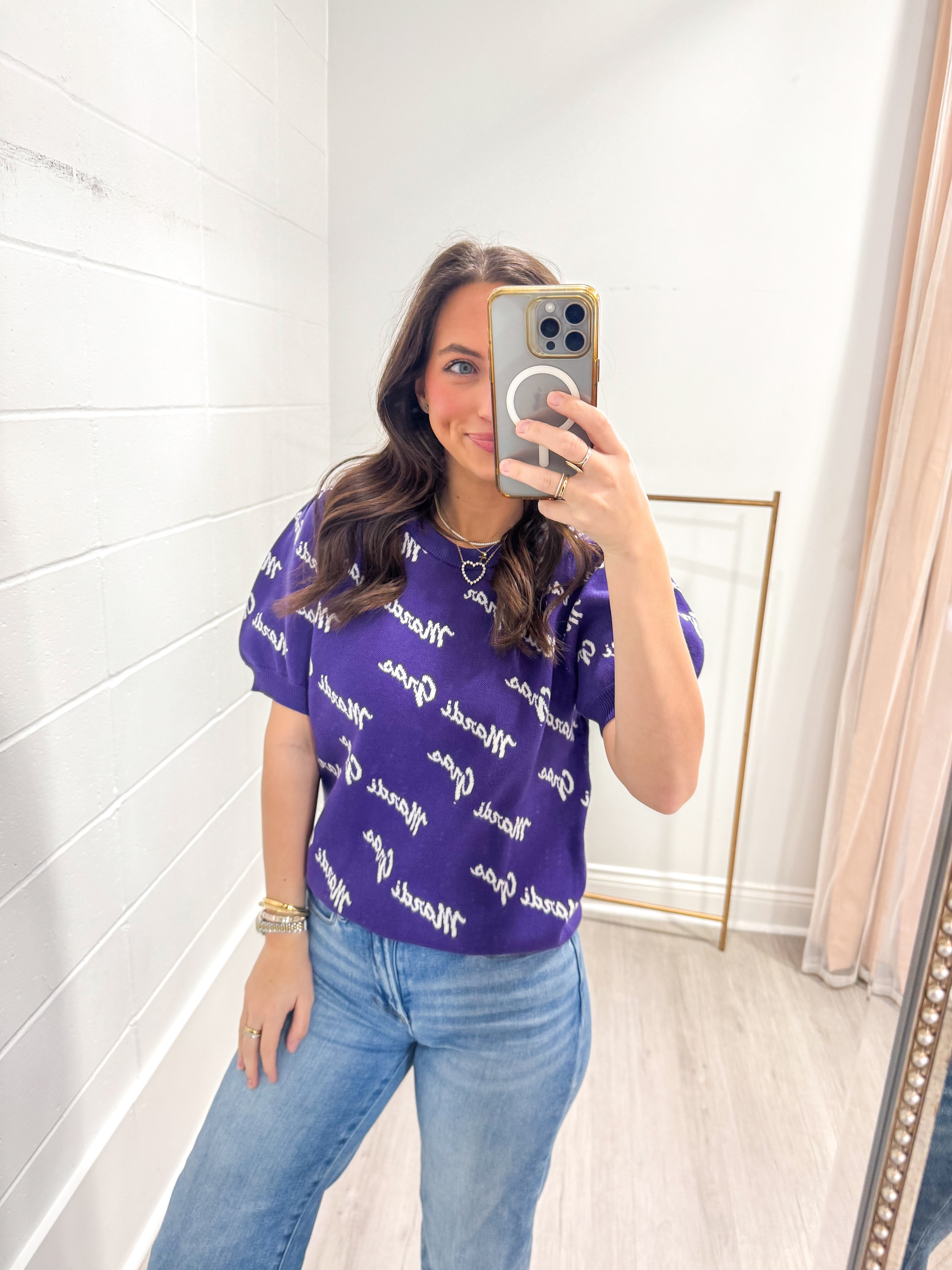 Mardi Gras Words Purple Puff Sleeve Top