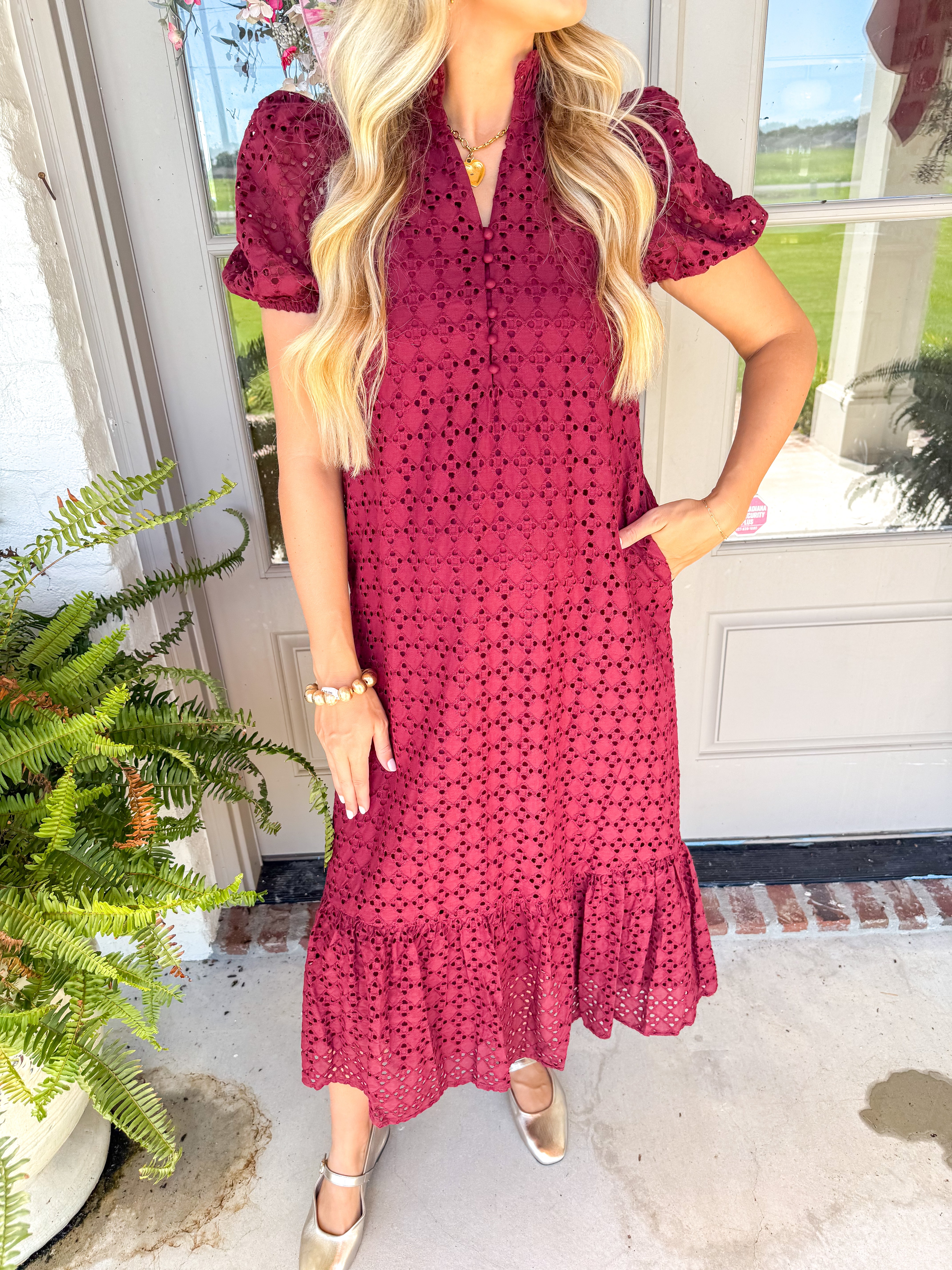 Evelyn Eyelet Midi Dress Burgundy