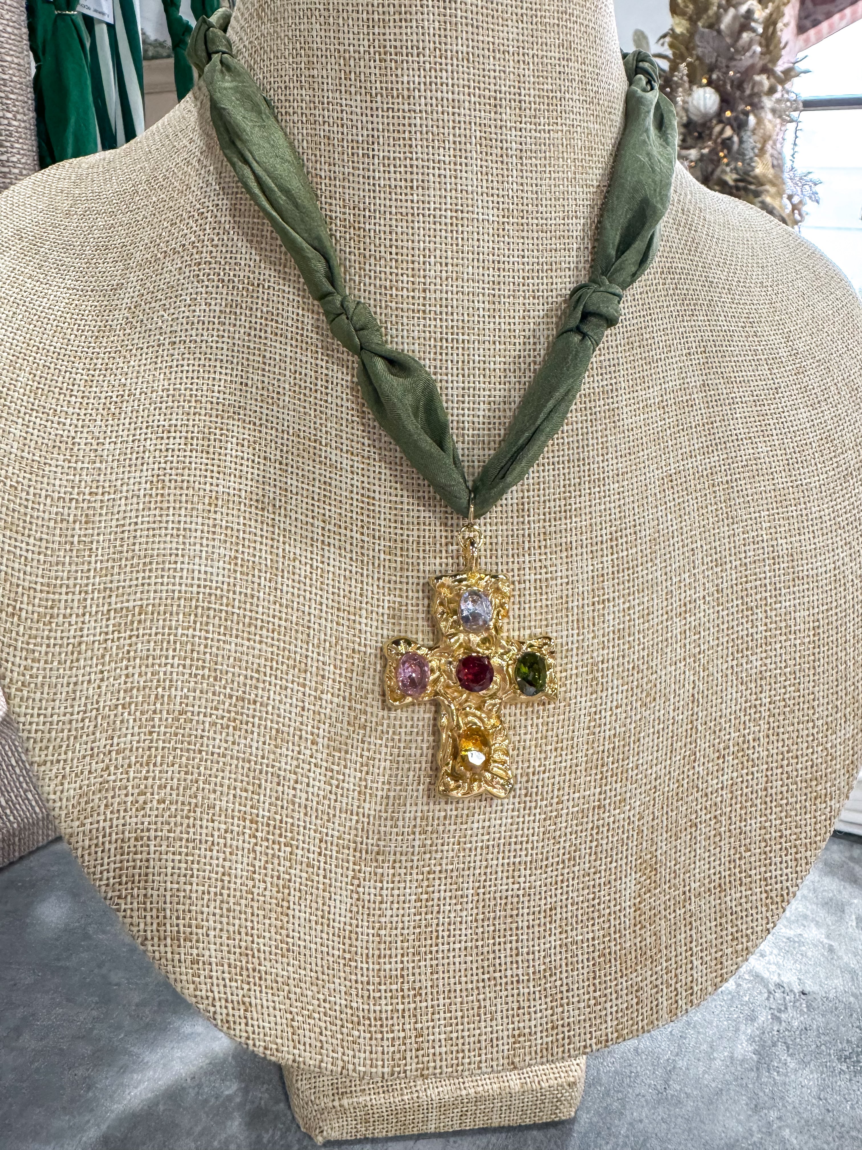 Olive Colorful Cross Scarf Necklace