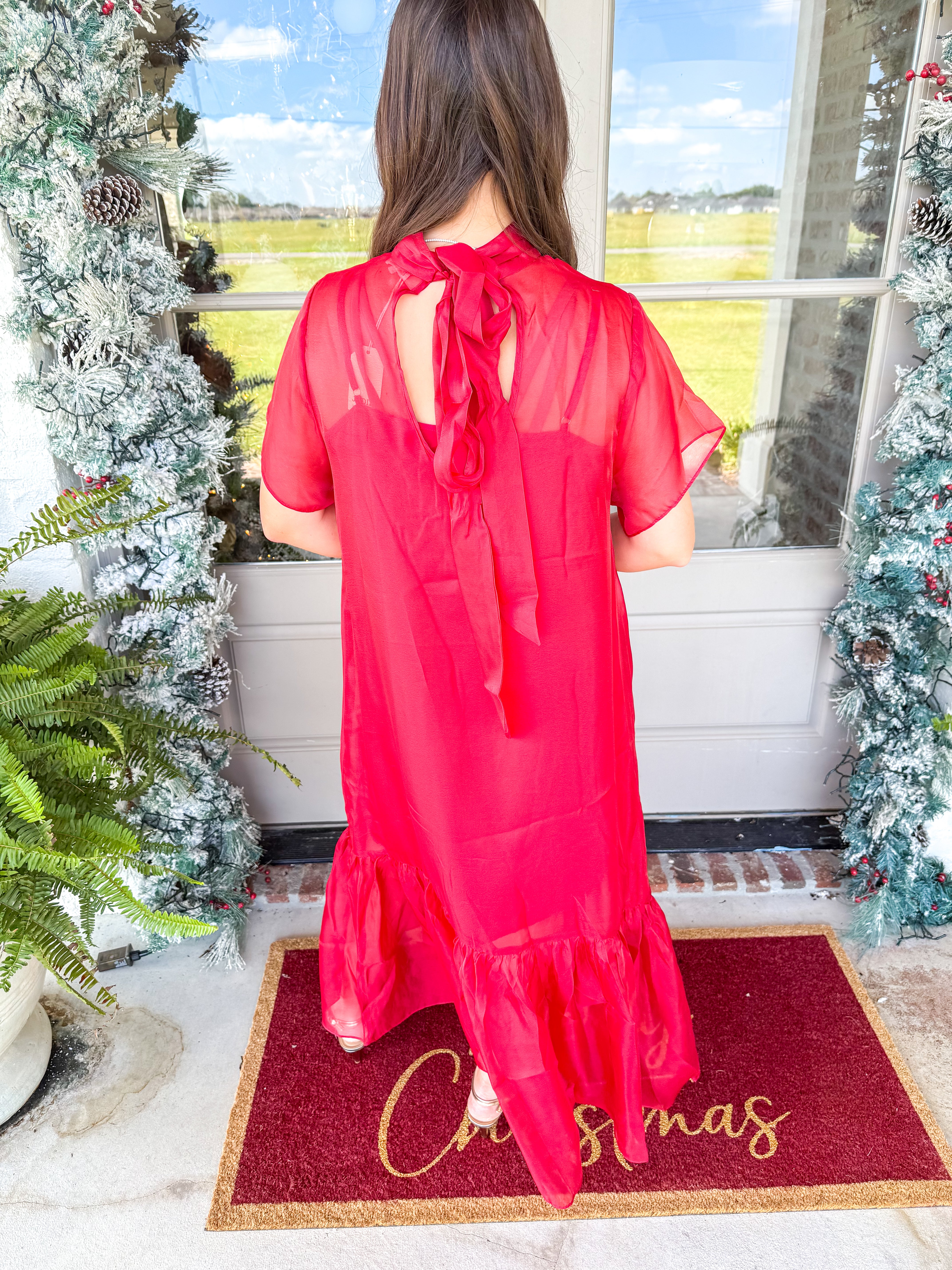 Crimson Whisper Chiffon Midi Dress