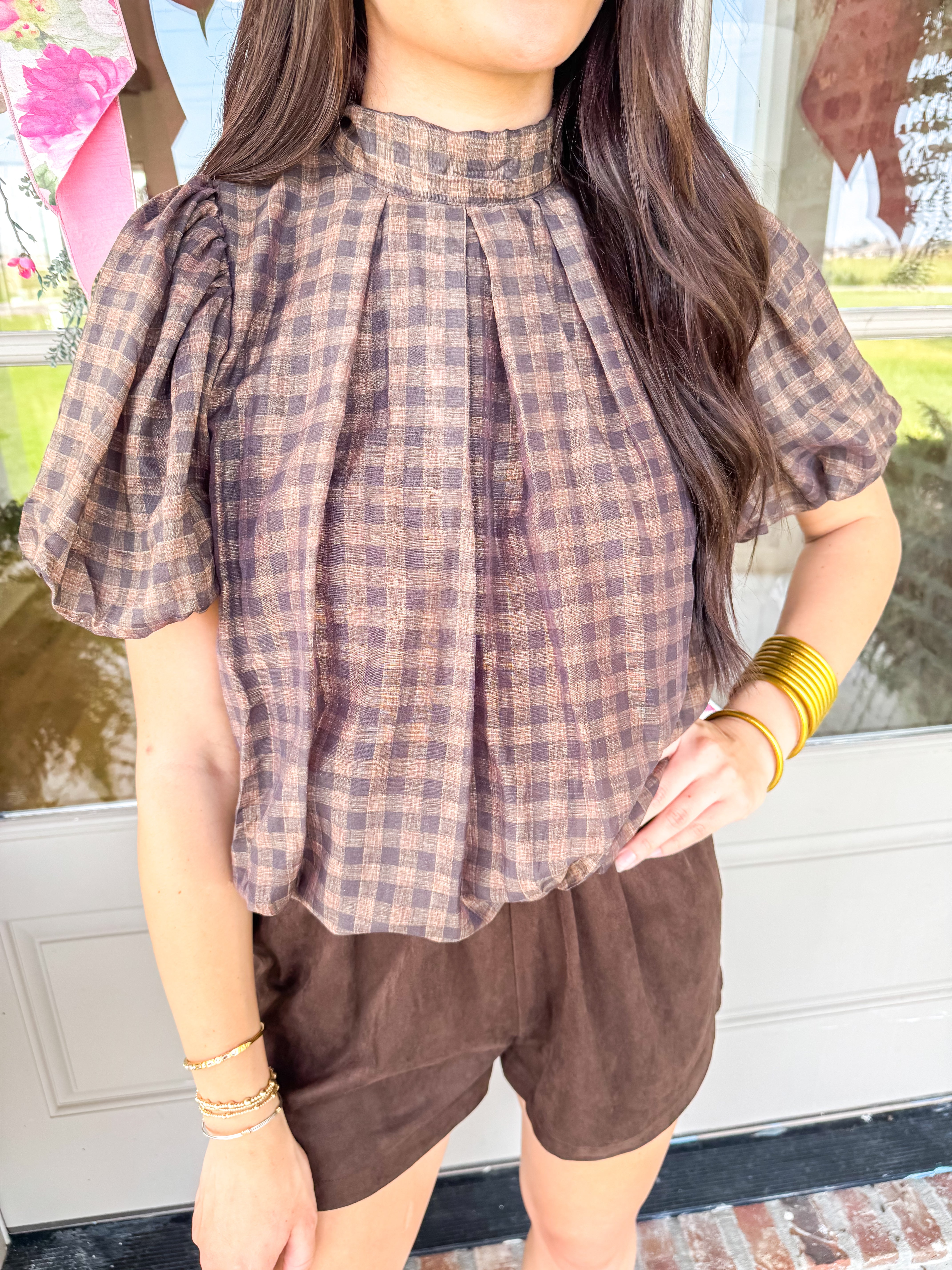 Brown Gingham Tie-Neck Blouse