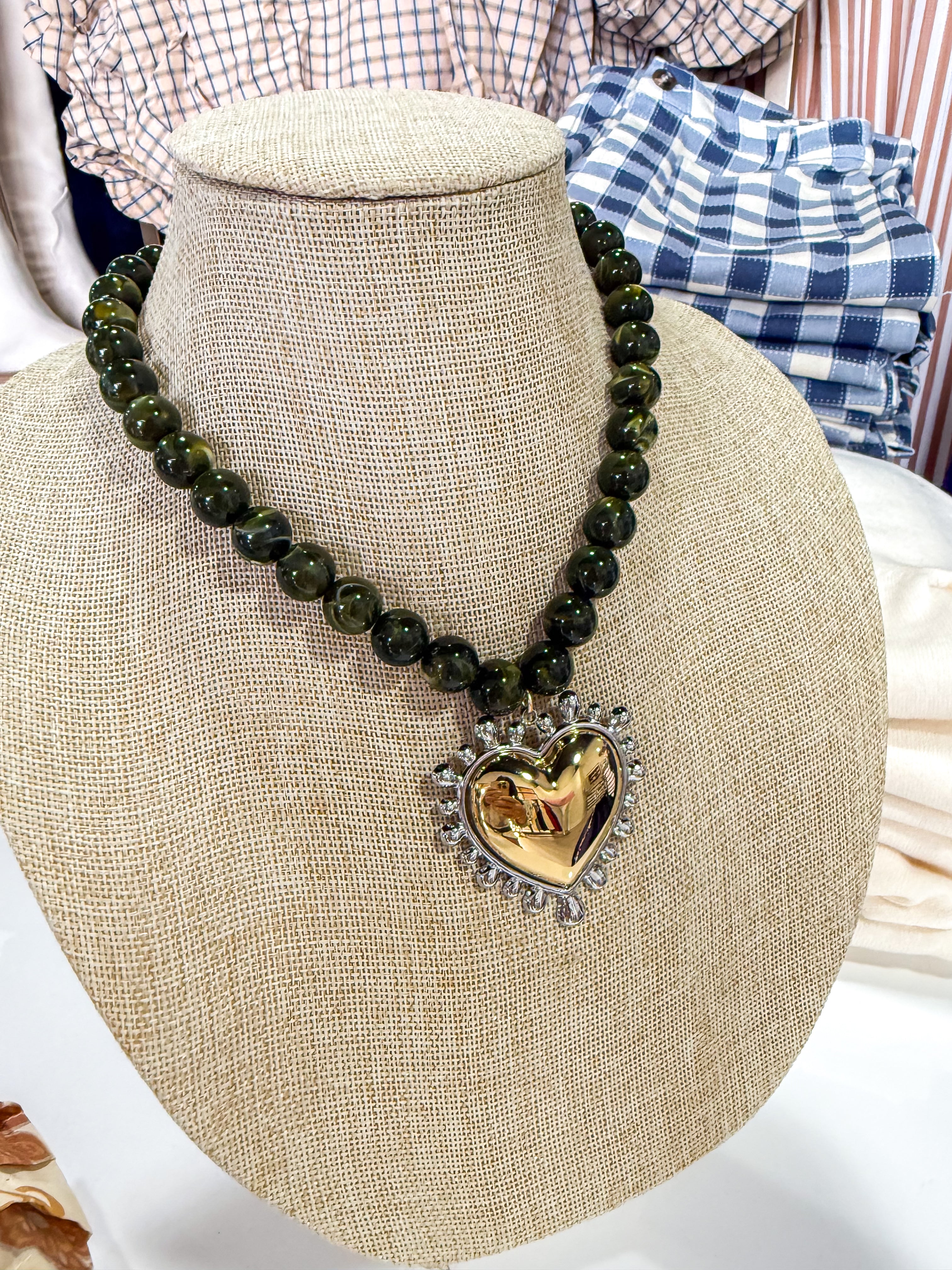 Dark Green Two Toned Heart Beaded Necklace