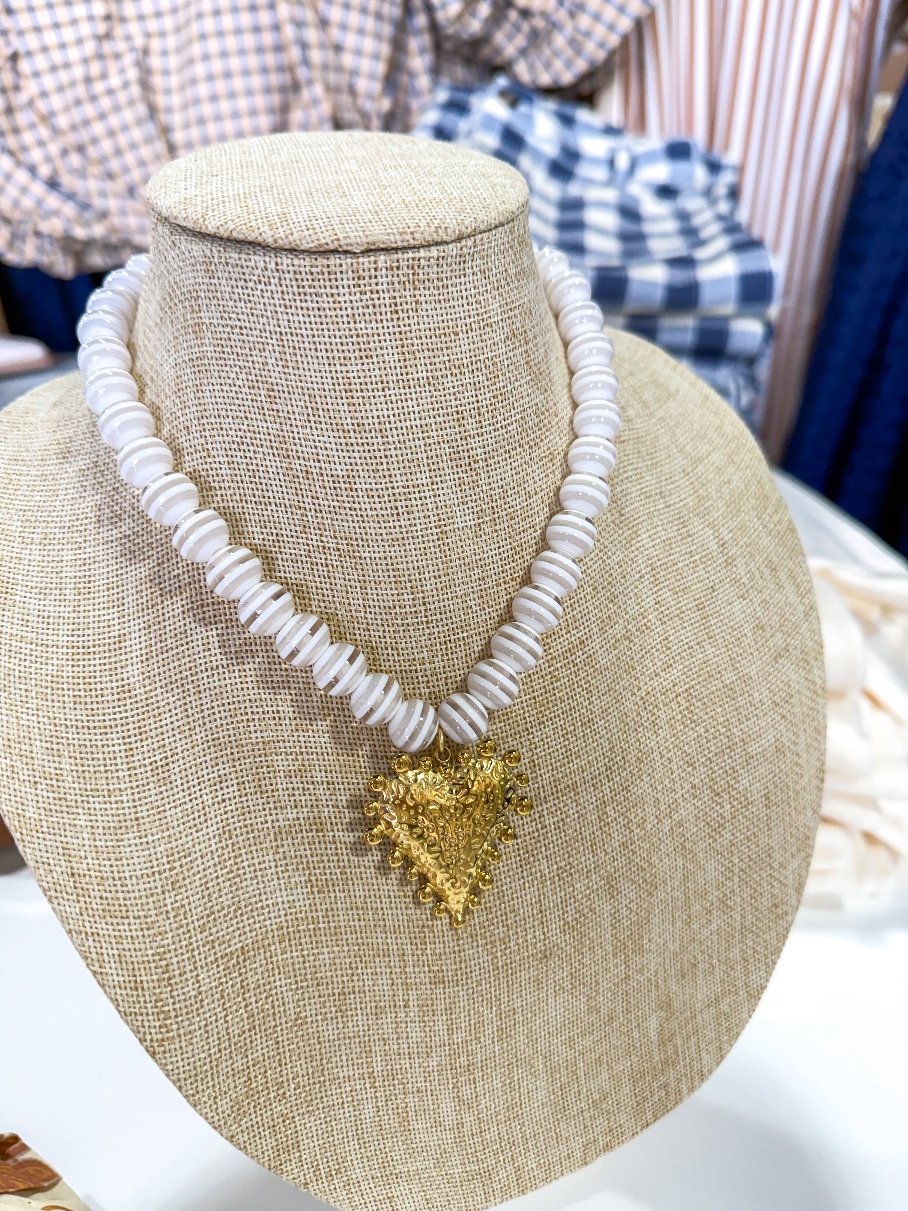 White/Clear Stripe Heart 2 Beaded Necklace