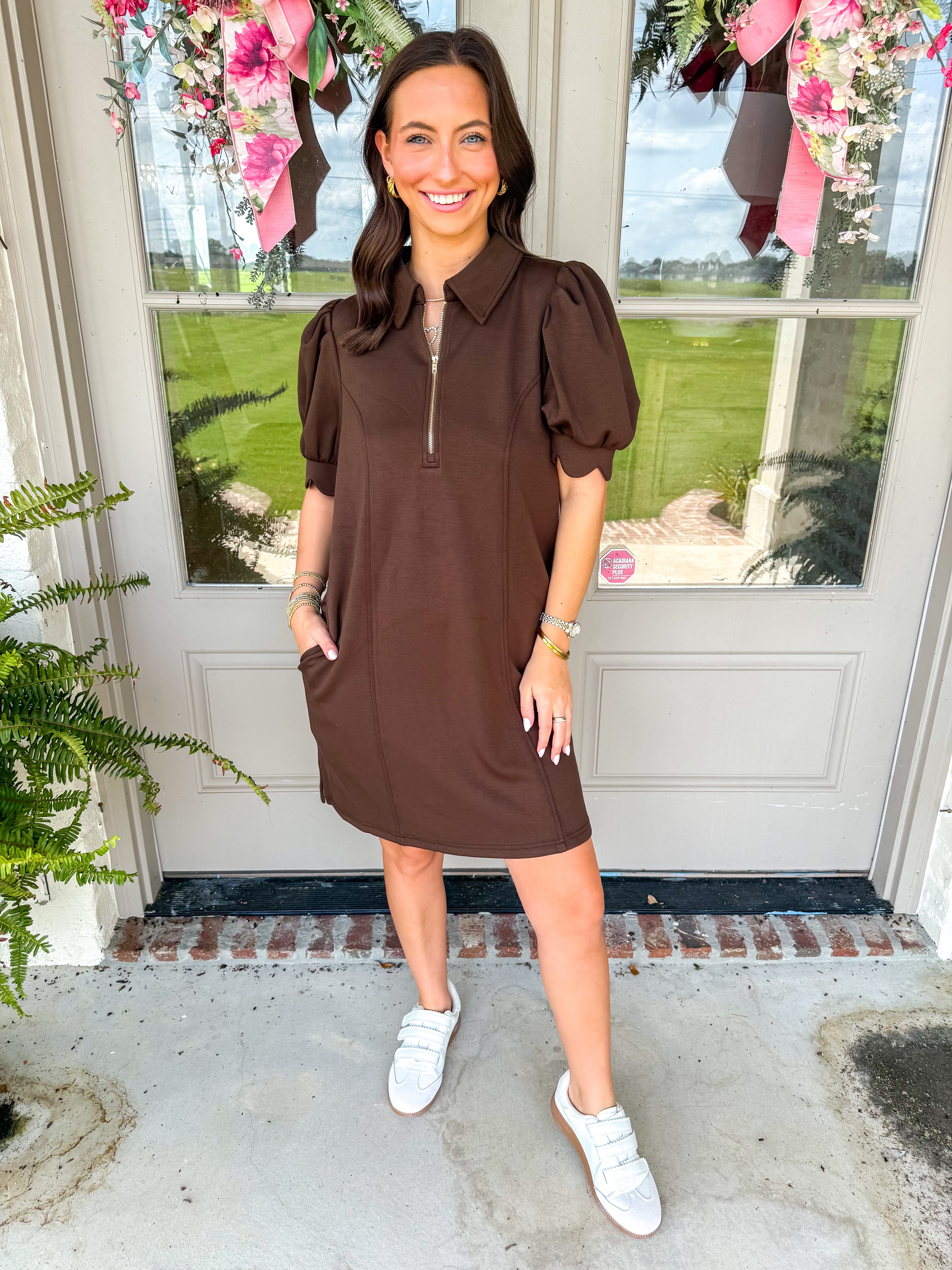 Chocolate Brown Half-Zip Puff Sleeve Dress