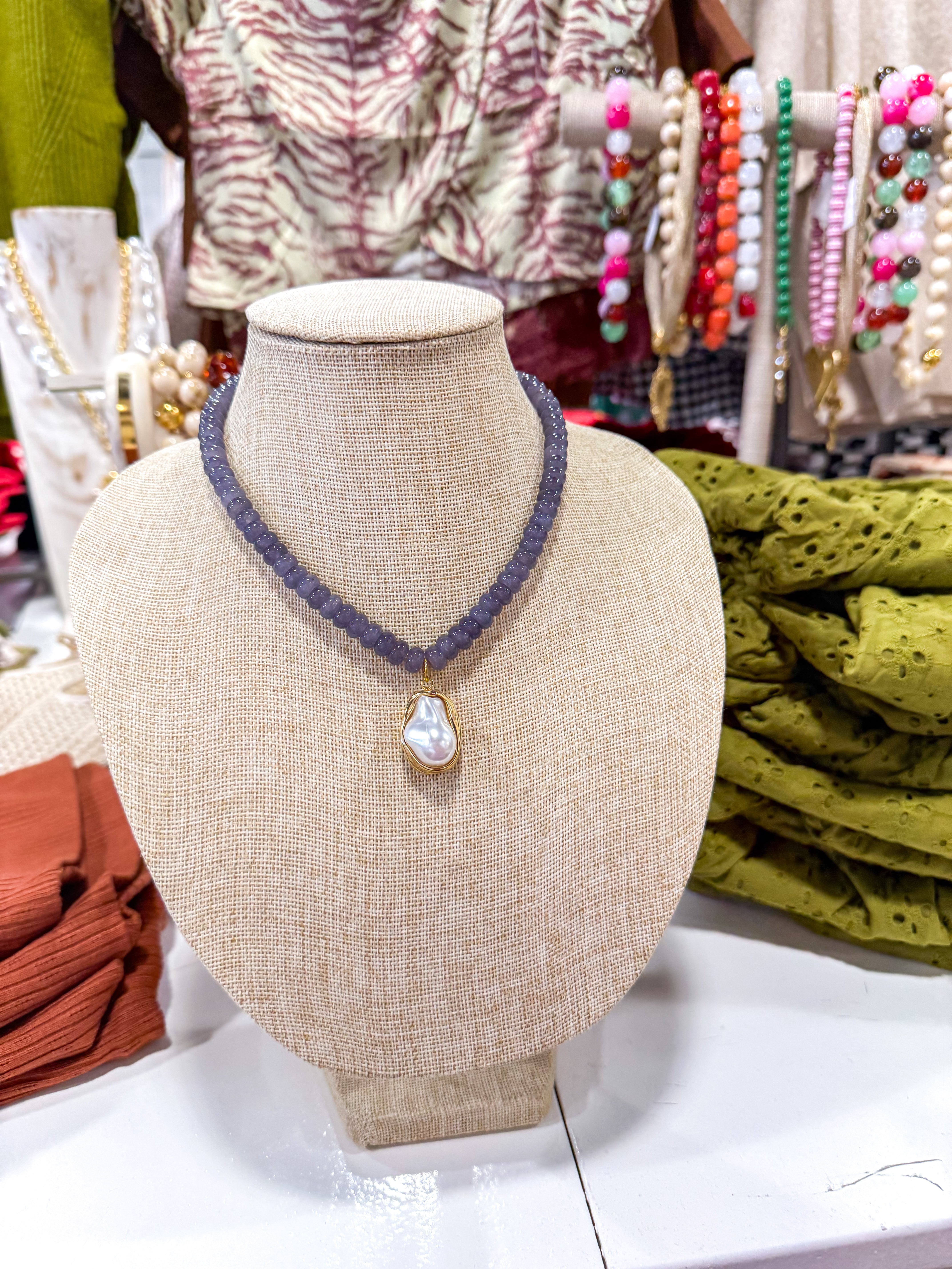 Pearl Drop Grey Beaded Necklace