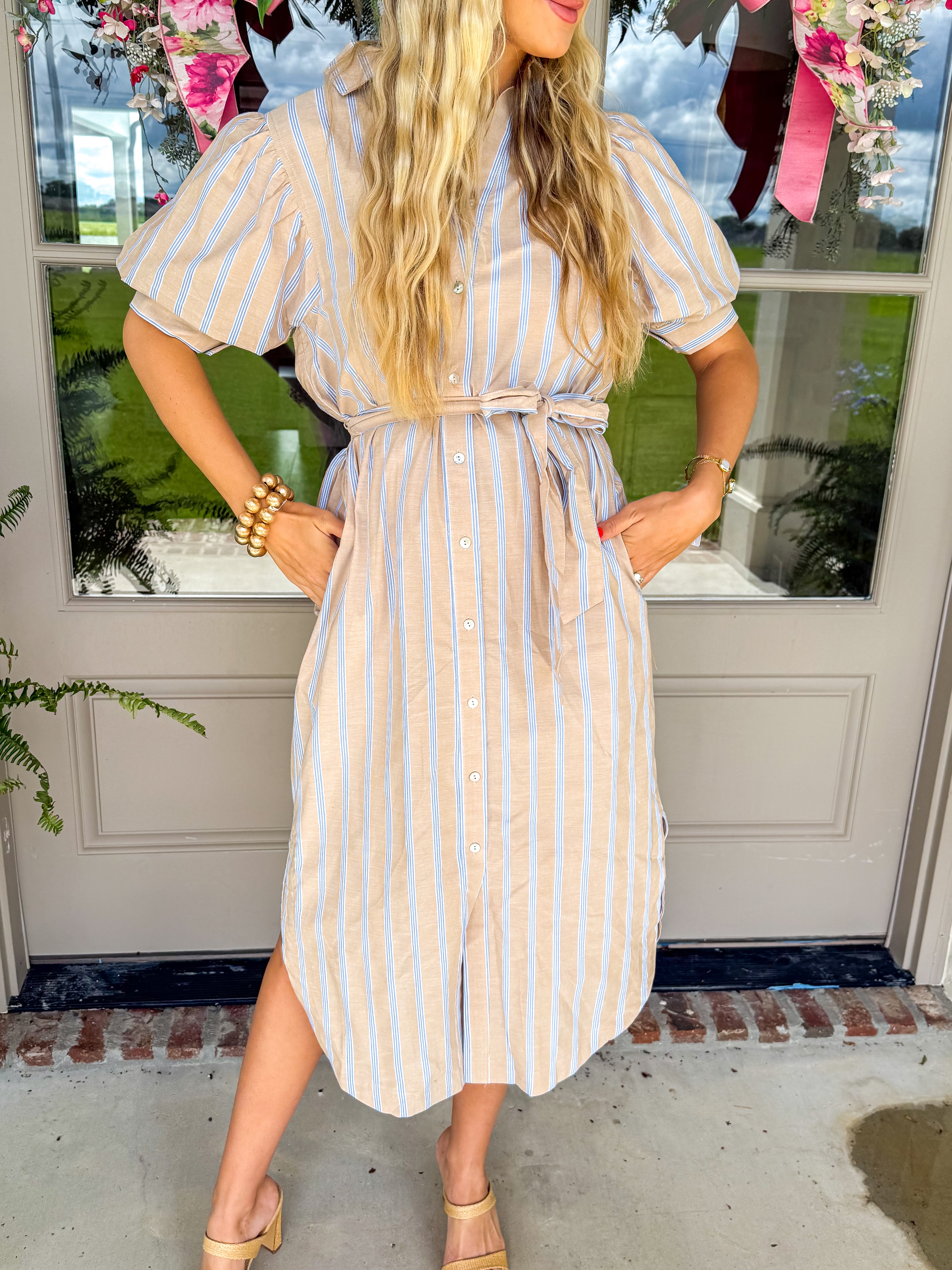 Sunny Side Stripe Taupe Midi Dress