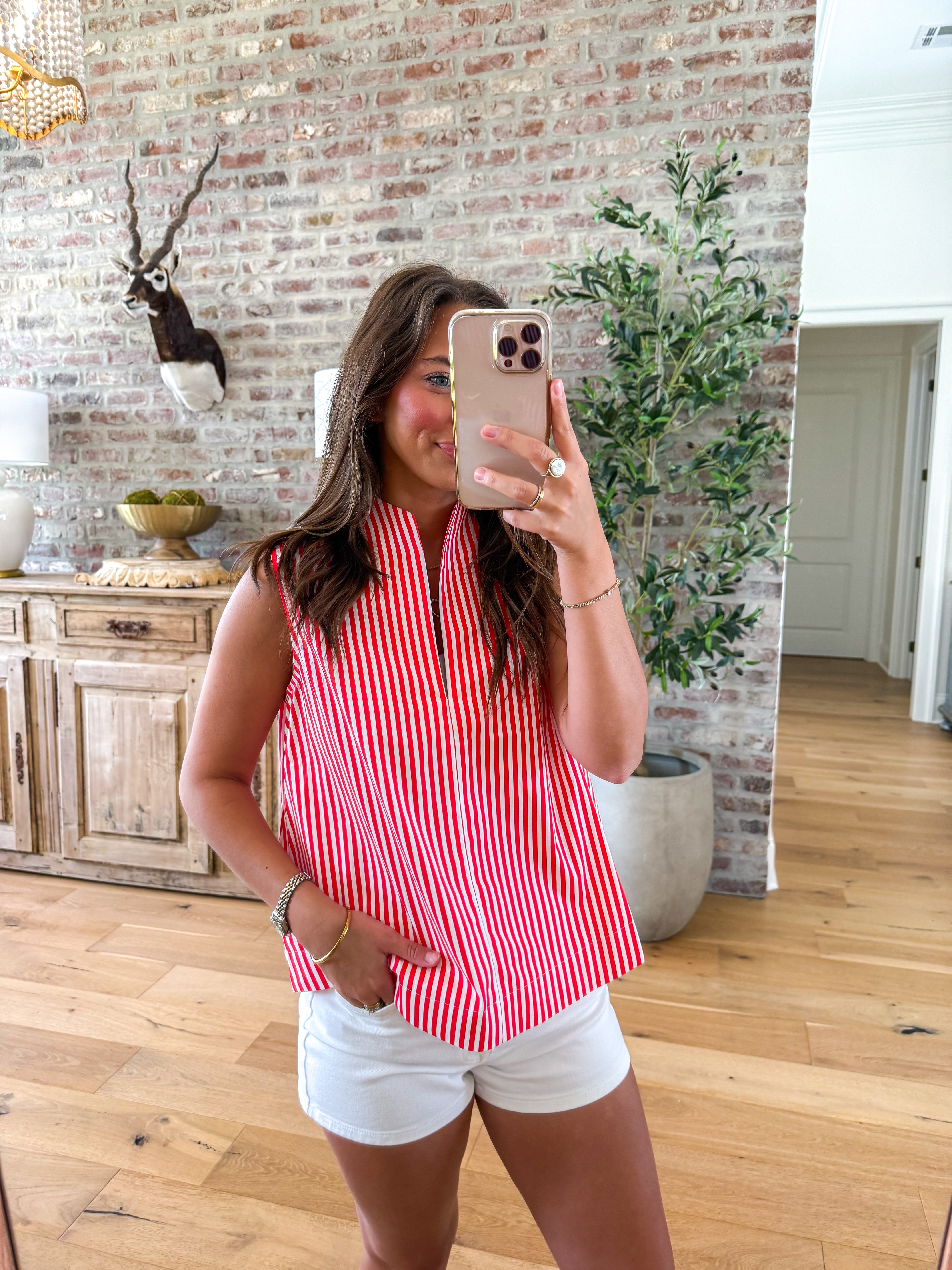 Harbor Stripe Popover Tank Red