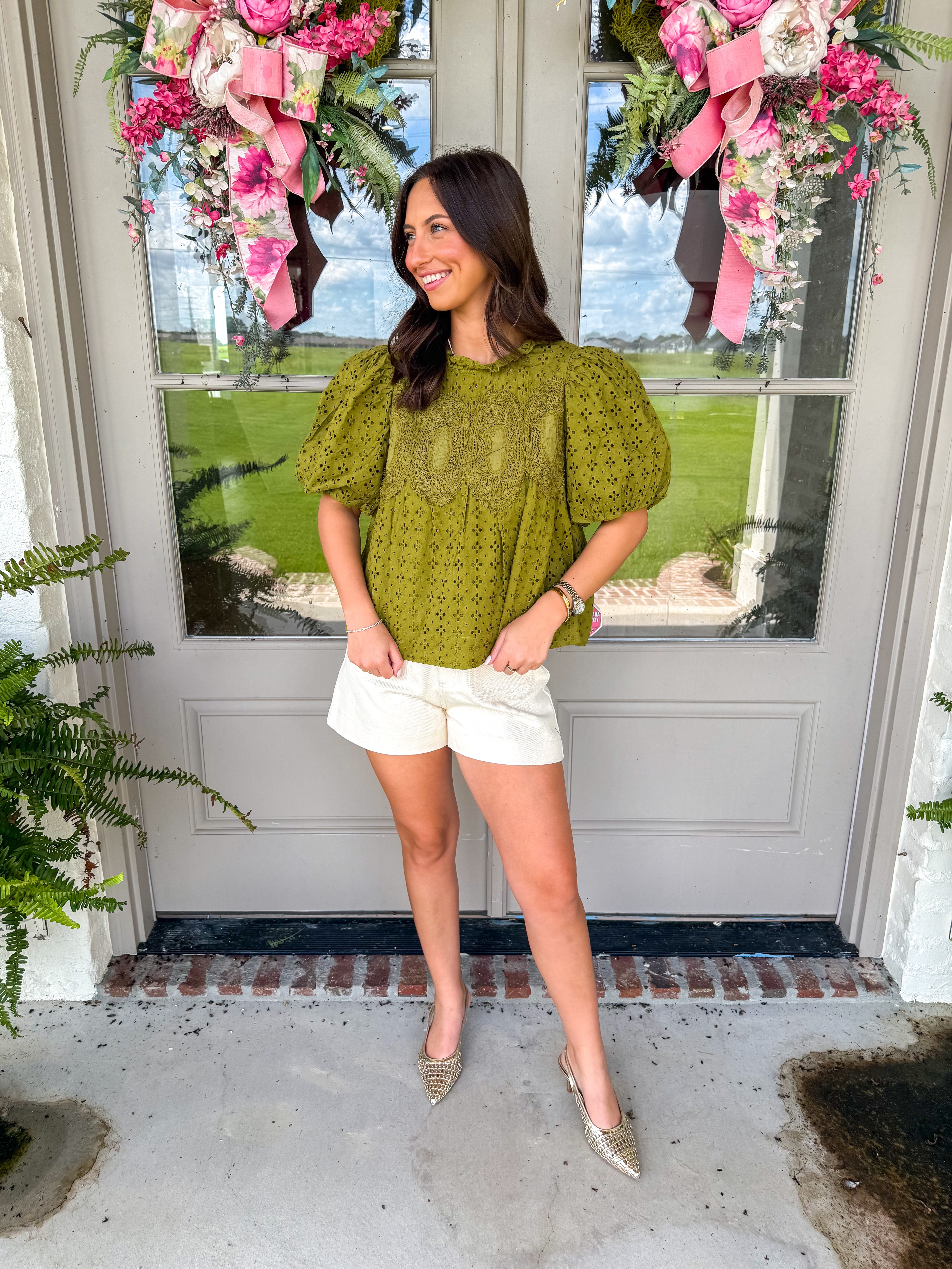 Olive Eyelet Puff Sleeve Top